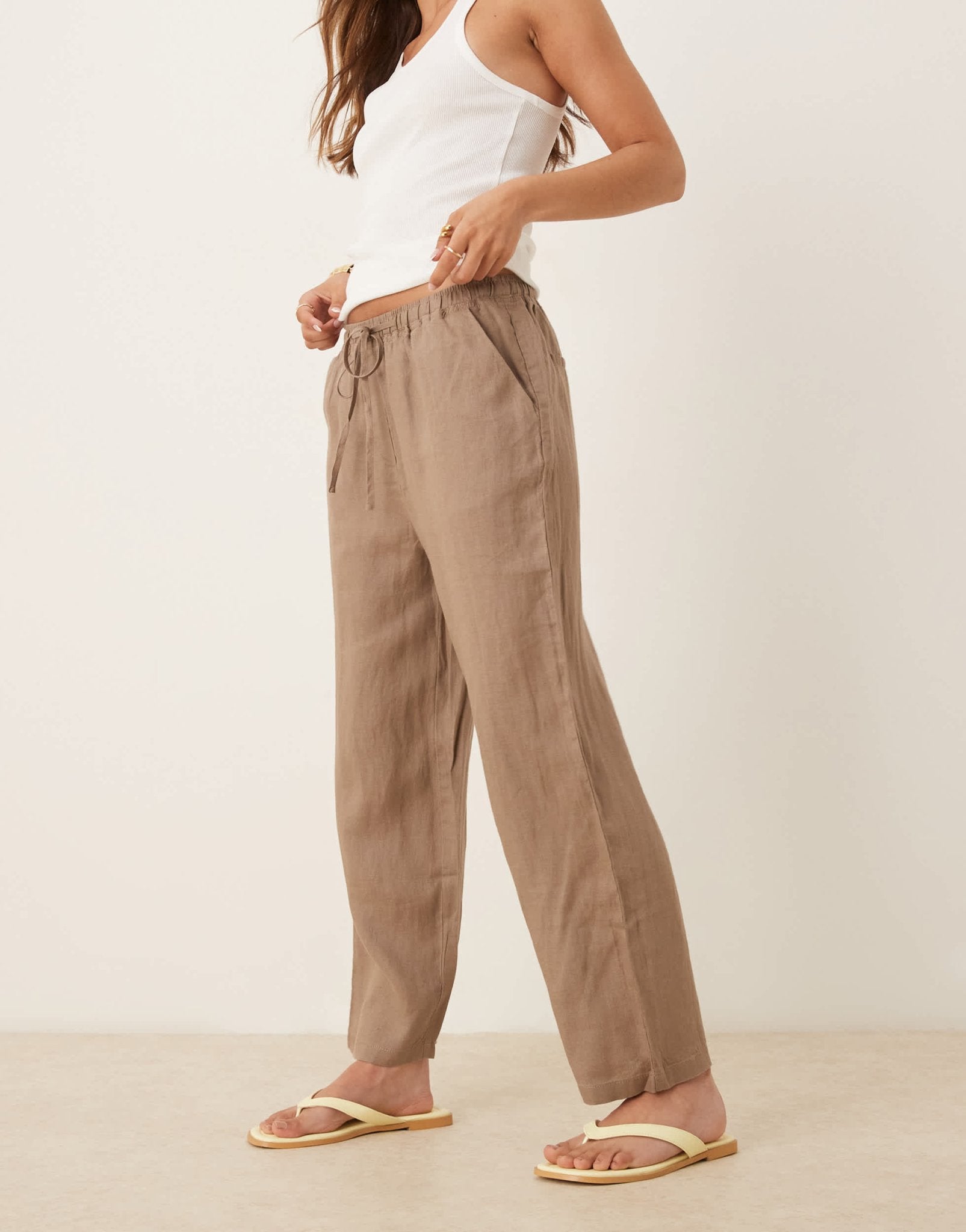 Mango tie waist linen trousers in brown - ASOS Sample Sale