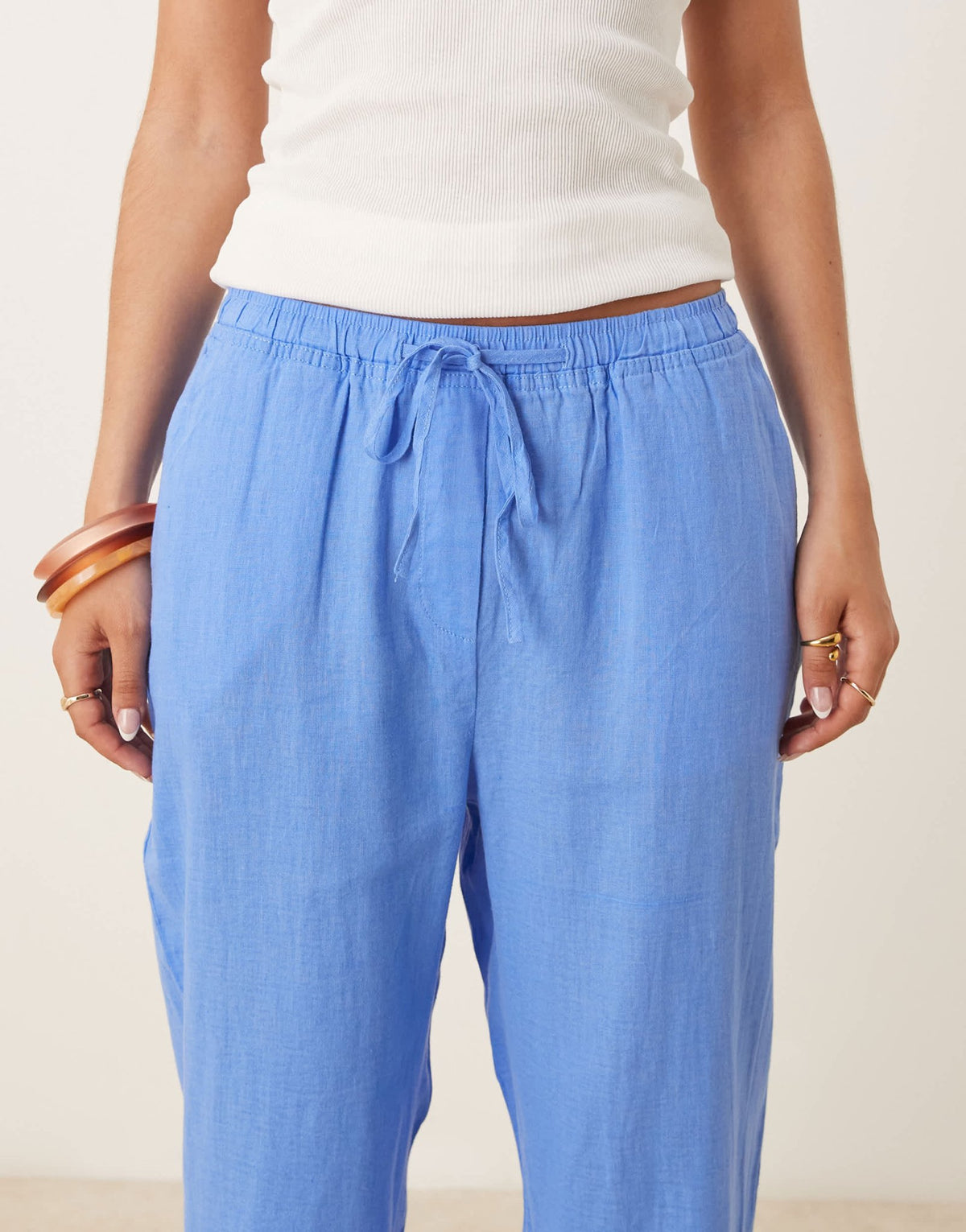 Mango tie waist linen trousers in light blue - ASOS Sample Sale