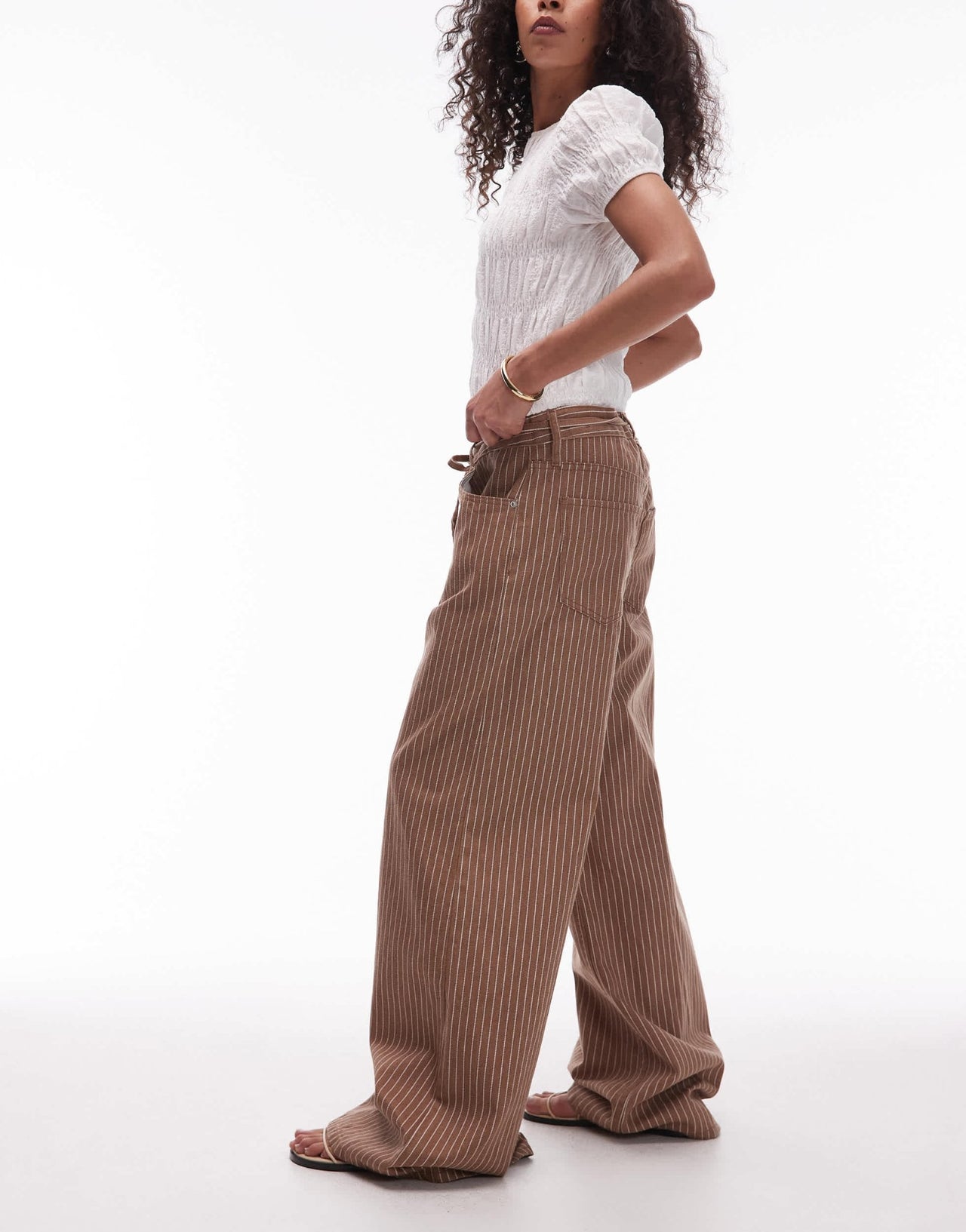 Mango tie waist relaxed baggy striped jean in washed brown - ASOS Sample Sale