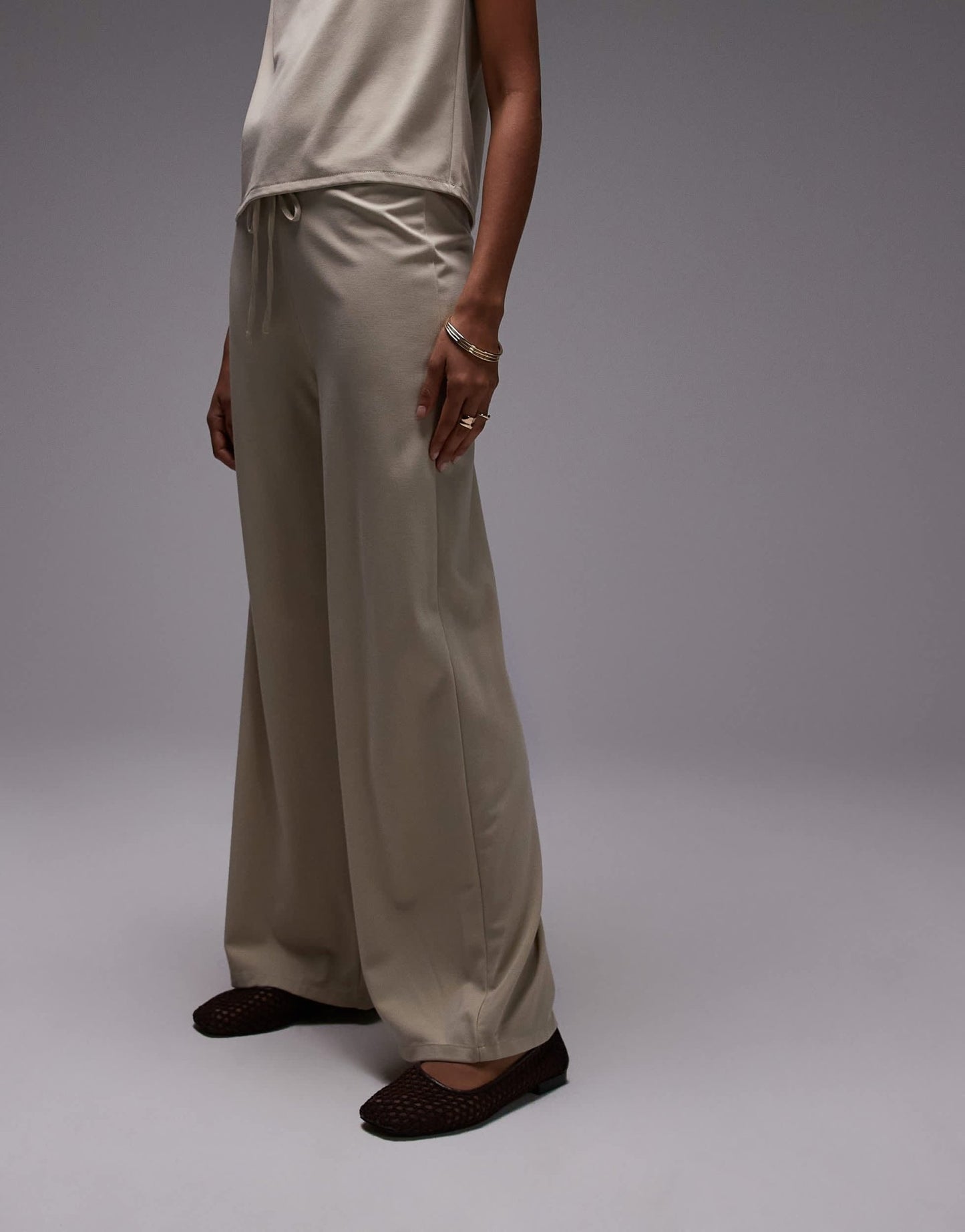 Mango tie waist wide leg polyamide trouser co-ord in beige - ASOS Sample Sale