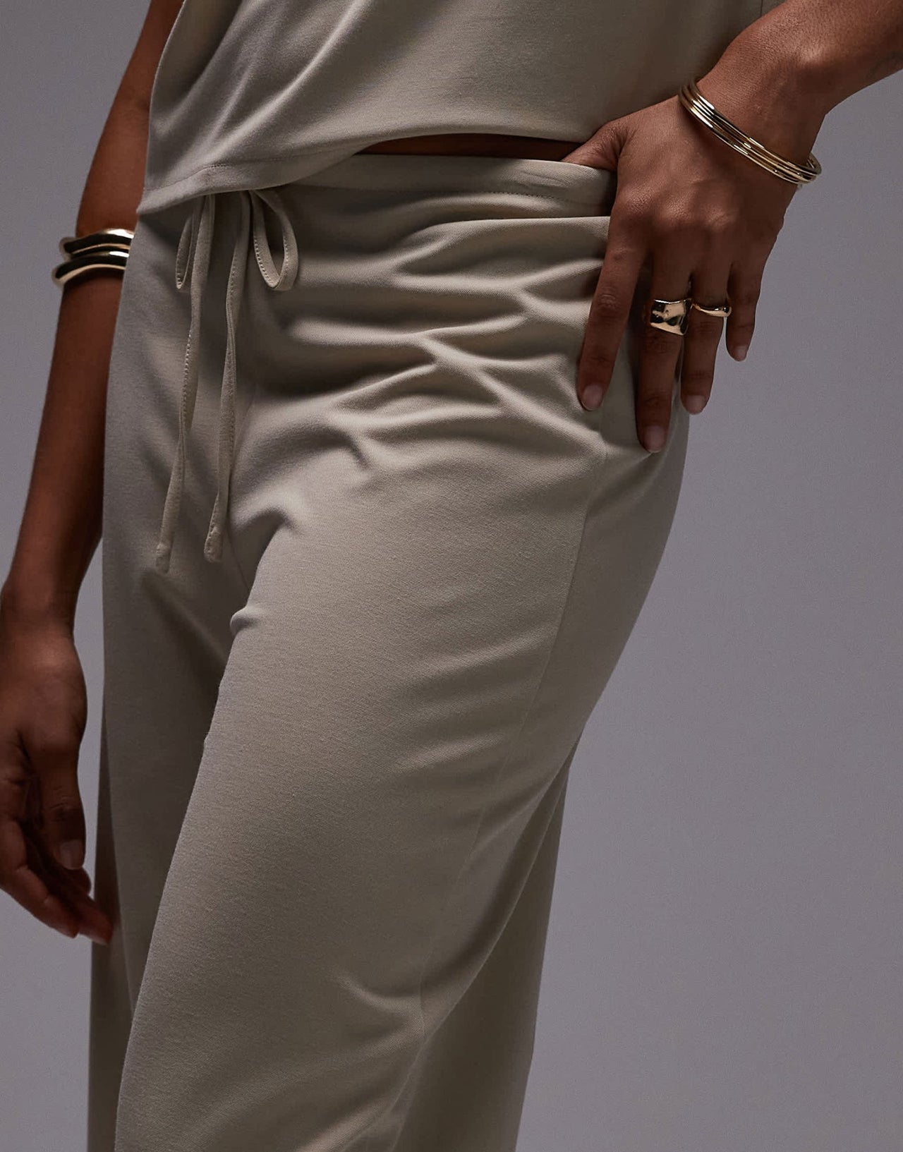 Mango tie waist wide leg polyamide trouser co-ord in beige - ASOS Sample Sale