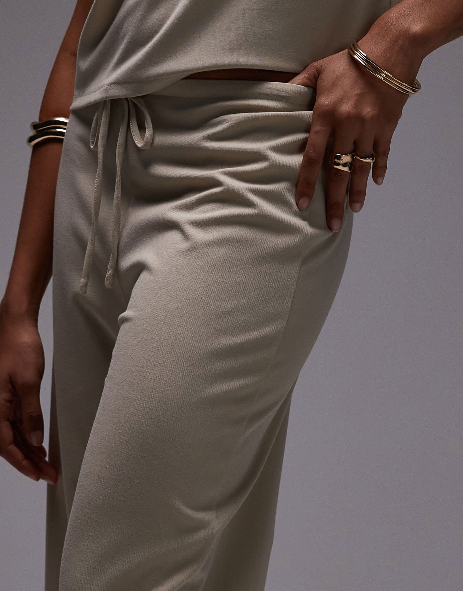 Mango tie waist wide leg polyamide trouser co-ord in beige - ASOS Sample Sale