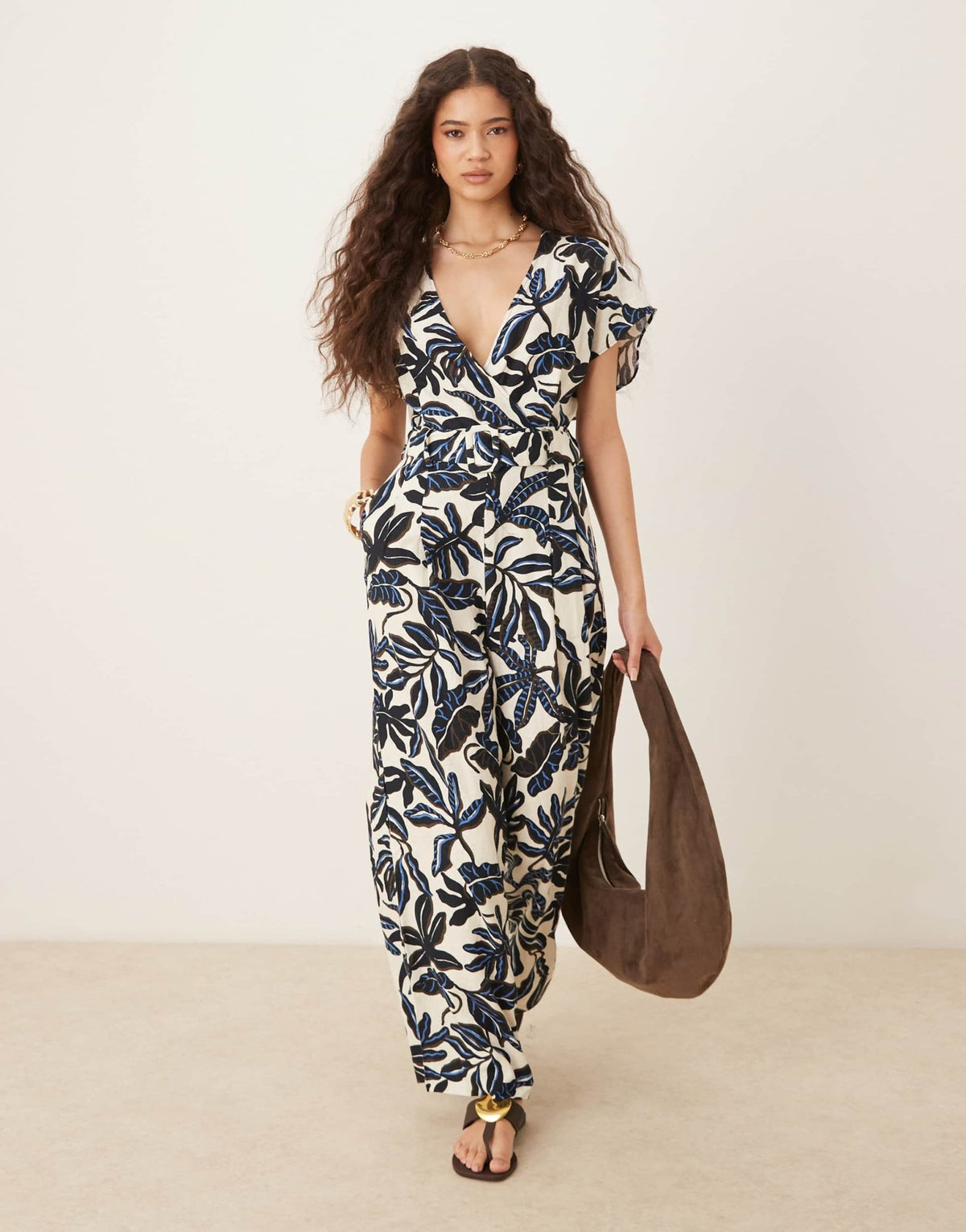 Mango v neck belted jumpsuit in blue floral print - ASOS Sample Sale
