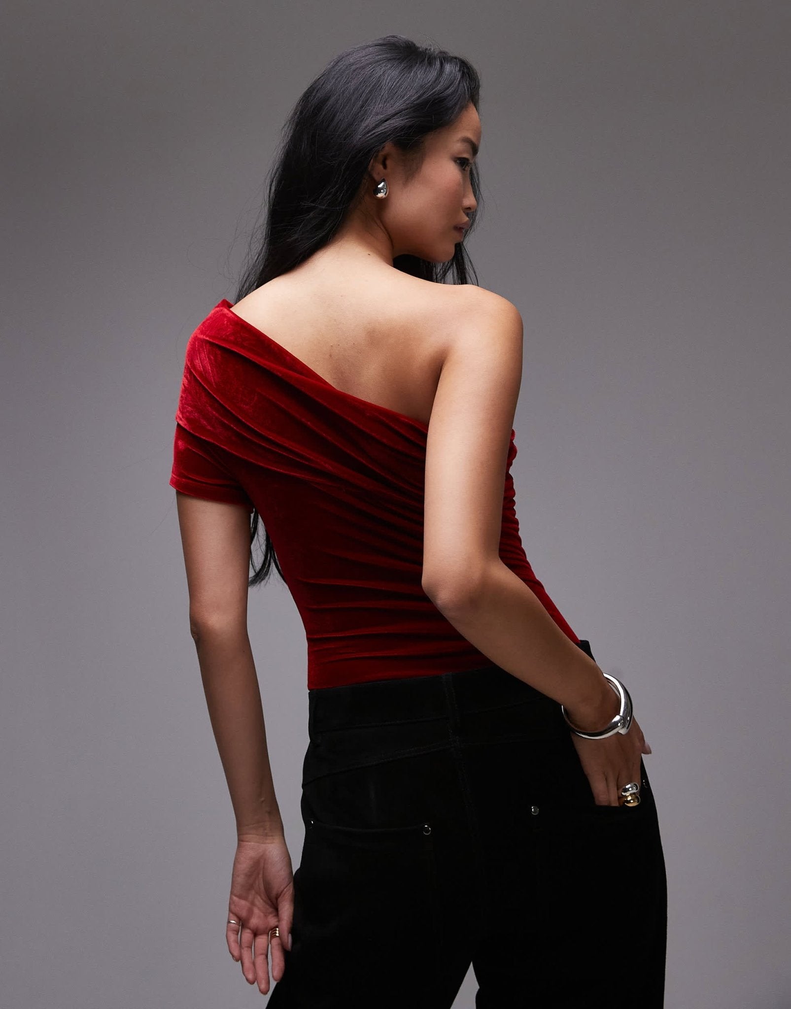 Mango velvet one shoulder bodysuit in red - ASOS Sample Sale