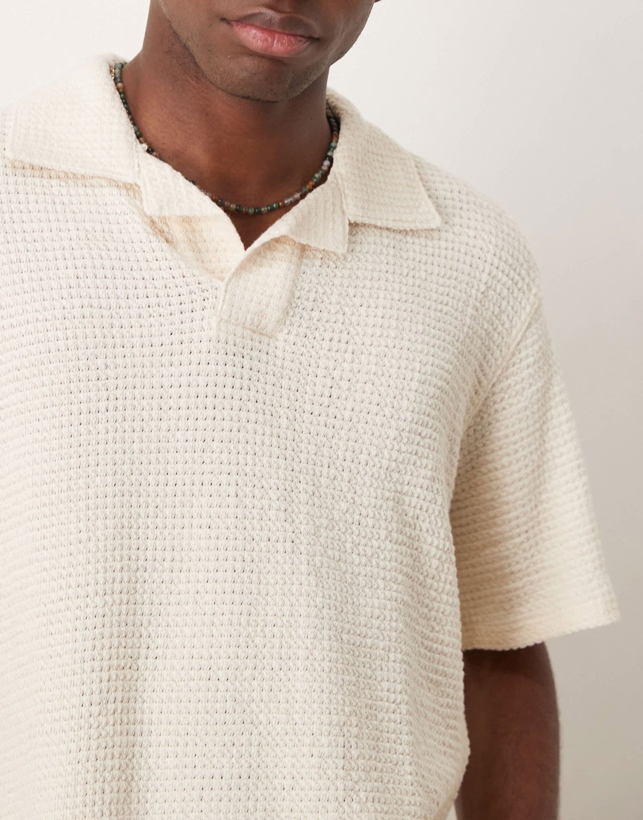 Mango waffle texture revere collar polo top in ecru - ASOS Sample Sale