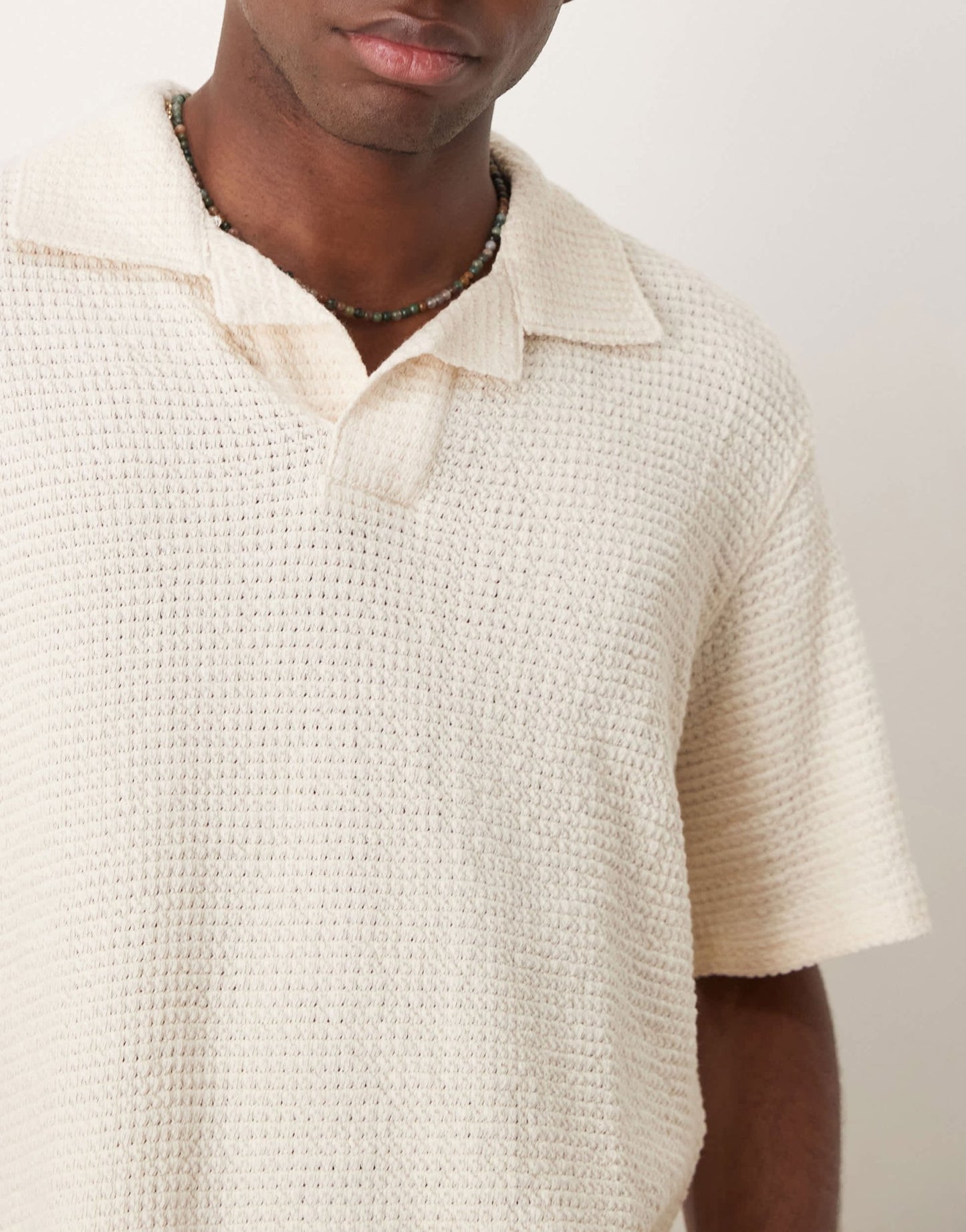Mango waffle texture revere collar polo top in ecru - ASOS Sample Sale