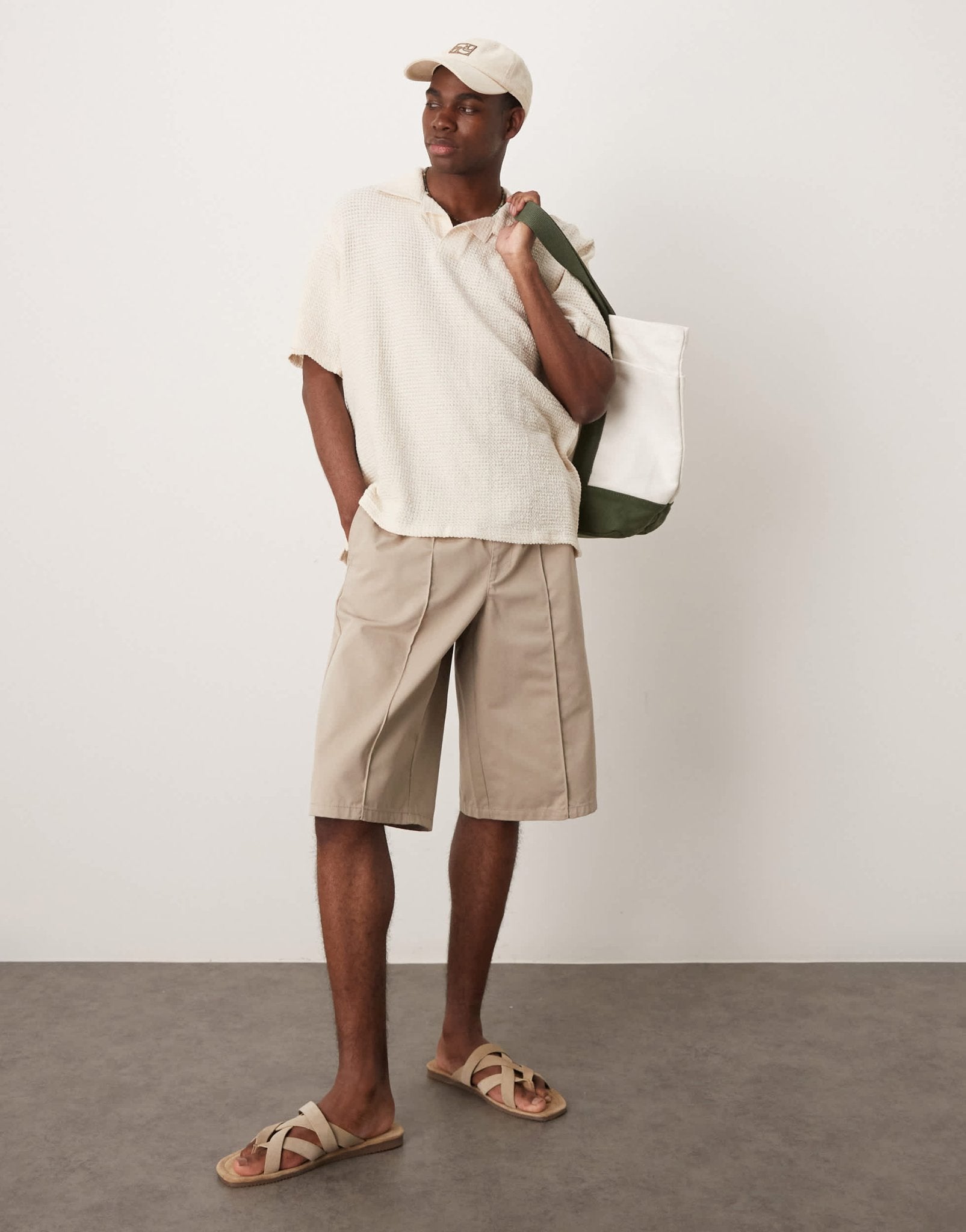 Mango waffle texture revere collar polo top in ecru - ASOS Sample Sale