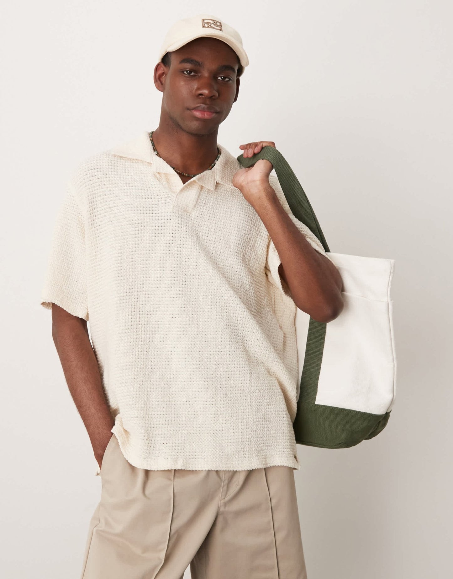 Mango waffle texture revere collar polo top in ecru - ASOS Sample Sale