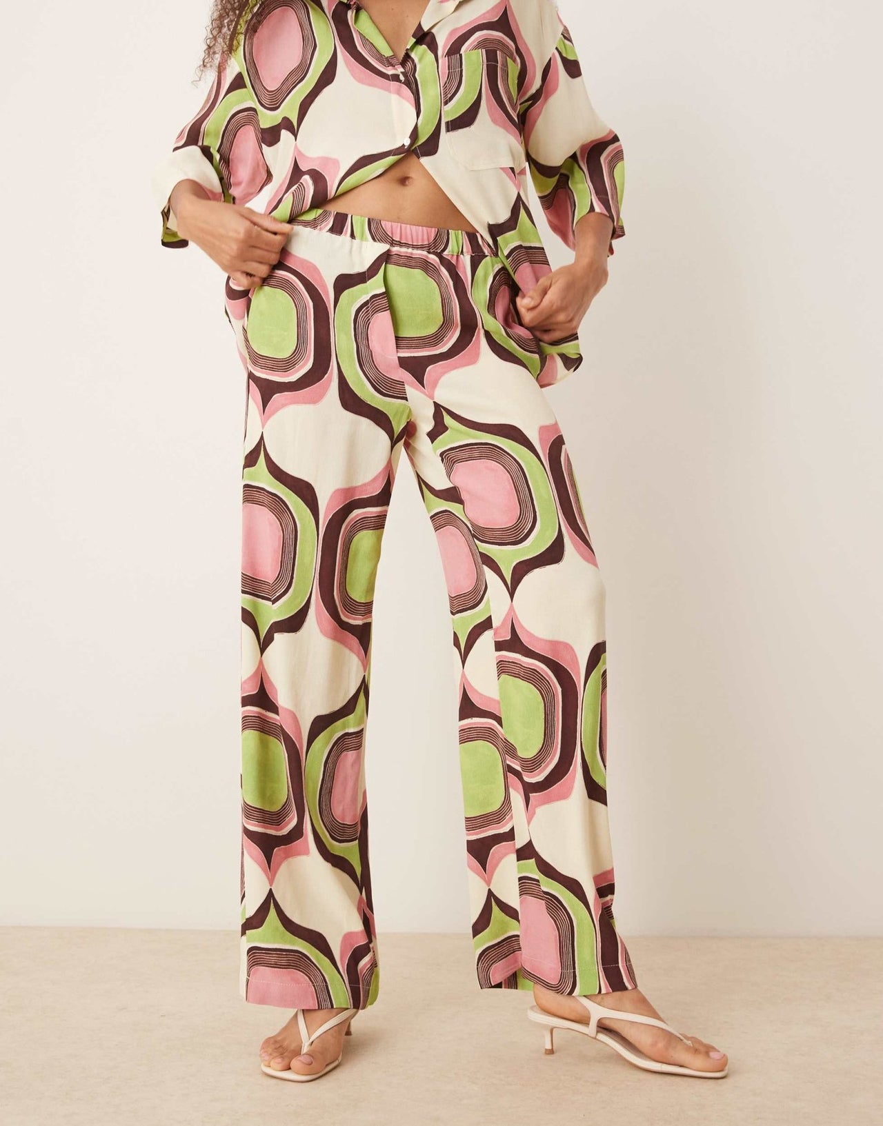 Mango wide leg abstract retro geometric print trouser co-ord in beige - ASOS Sample Sale
