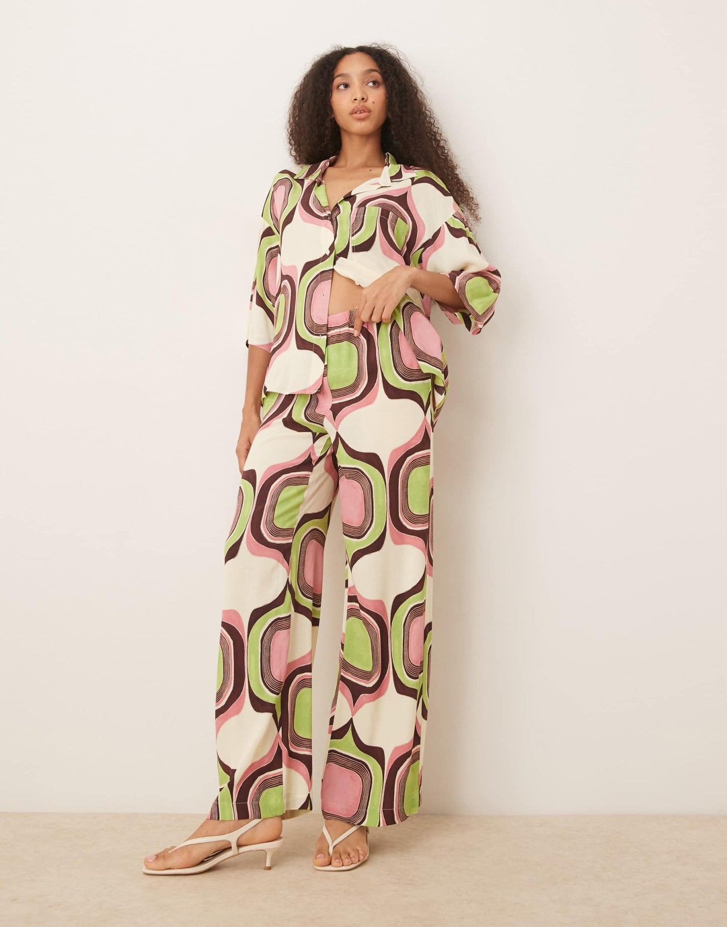 Mango wide leg abstract retro geometric print trouser co-ord in beige - ASOS Sample Sale