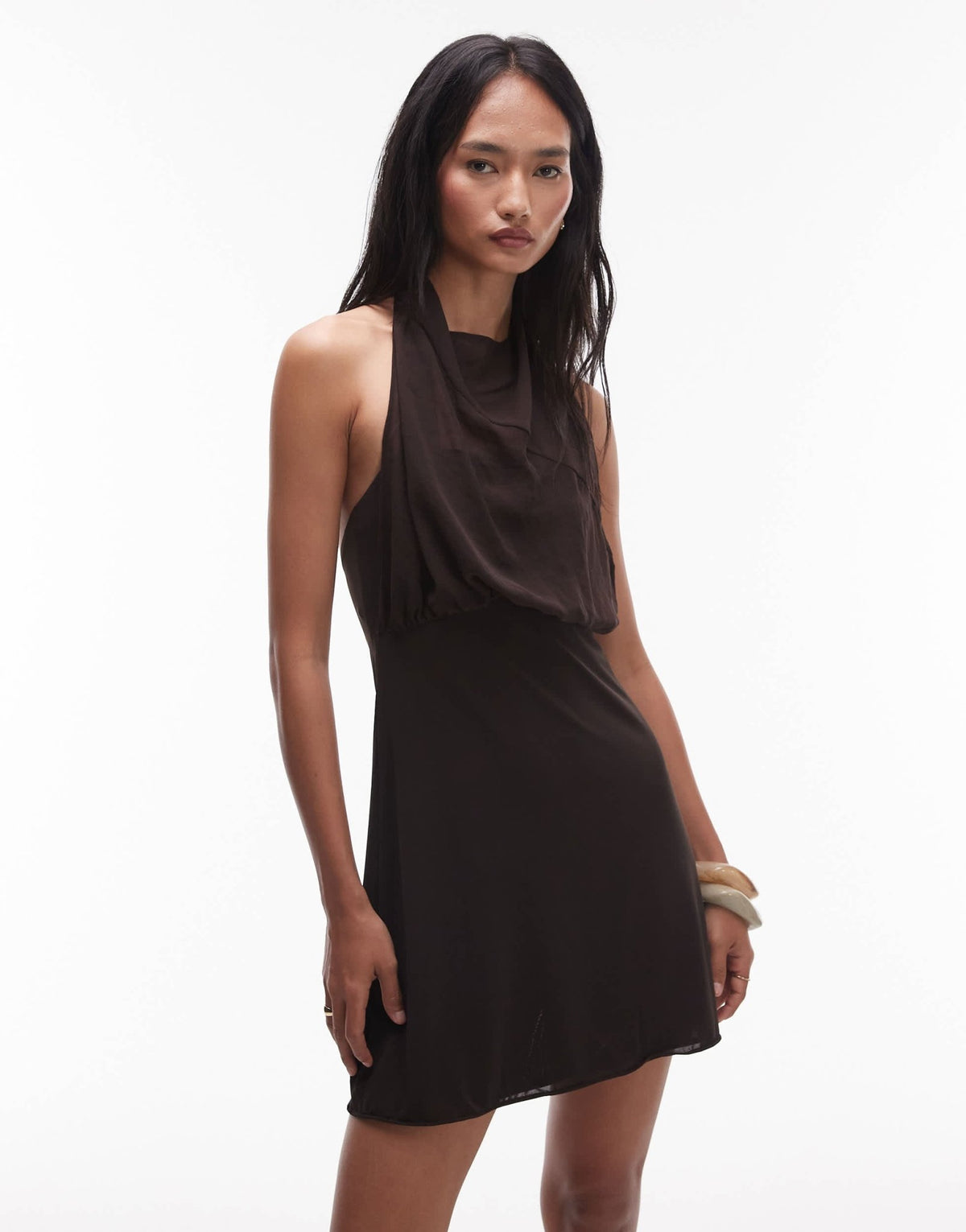 Mango x Supriya Lele gathered bodice with chiffon halterneck overlay in chocolate brown - ASOS Sample Sale