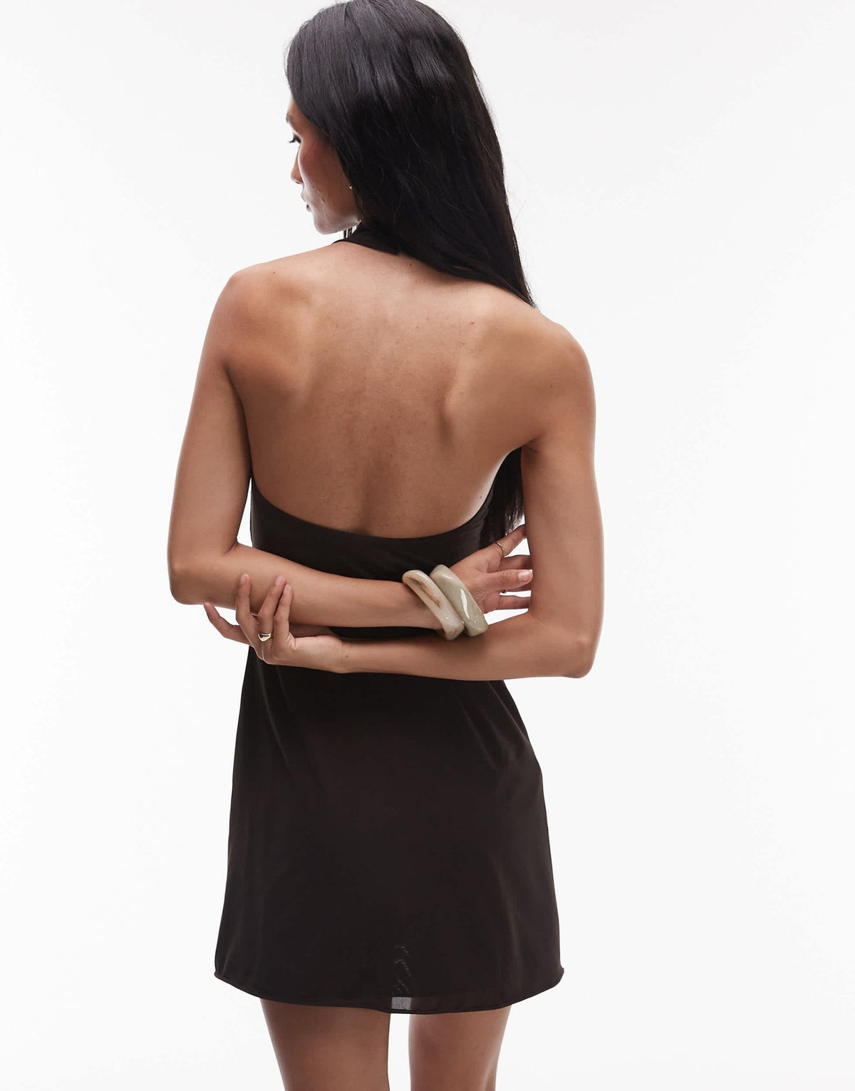 Mango x Supriya Lele gathered bodice with chiffon halterneck overlay in chocolate brown - ASOS Sample Sale