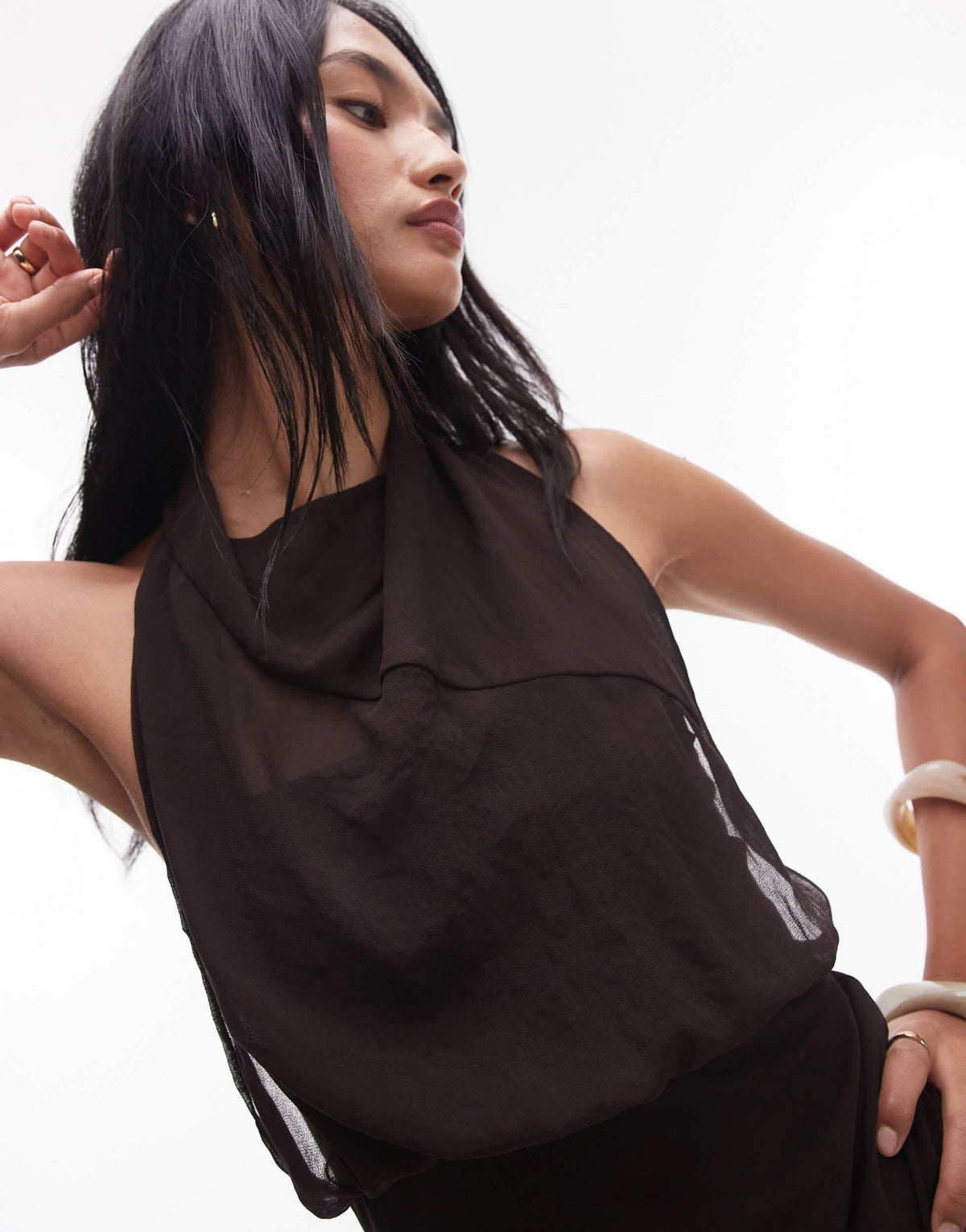 Mango x Supriya Lele gathered bodice with chiffon halterneck overlay in chocolate brown - ASOS Sample Sale