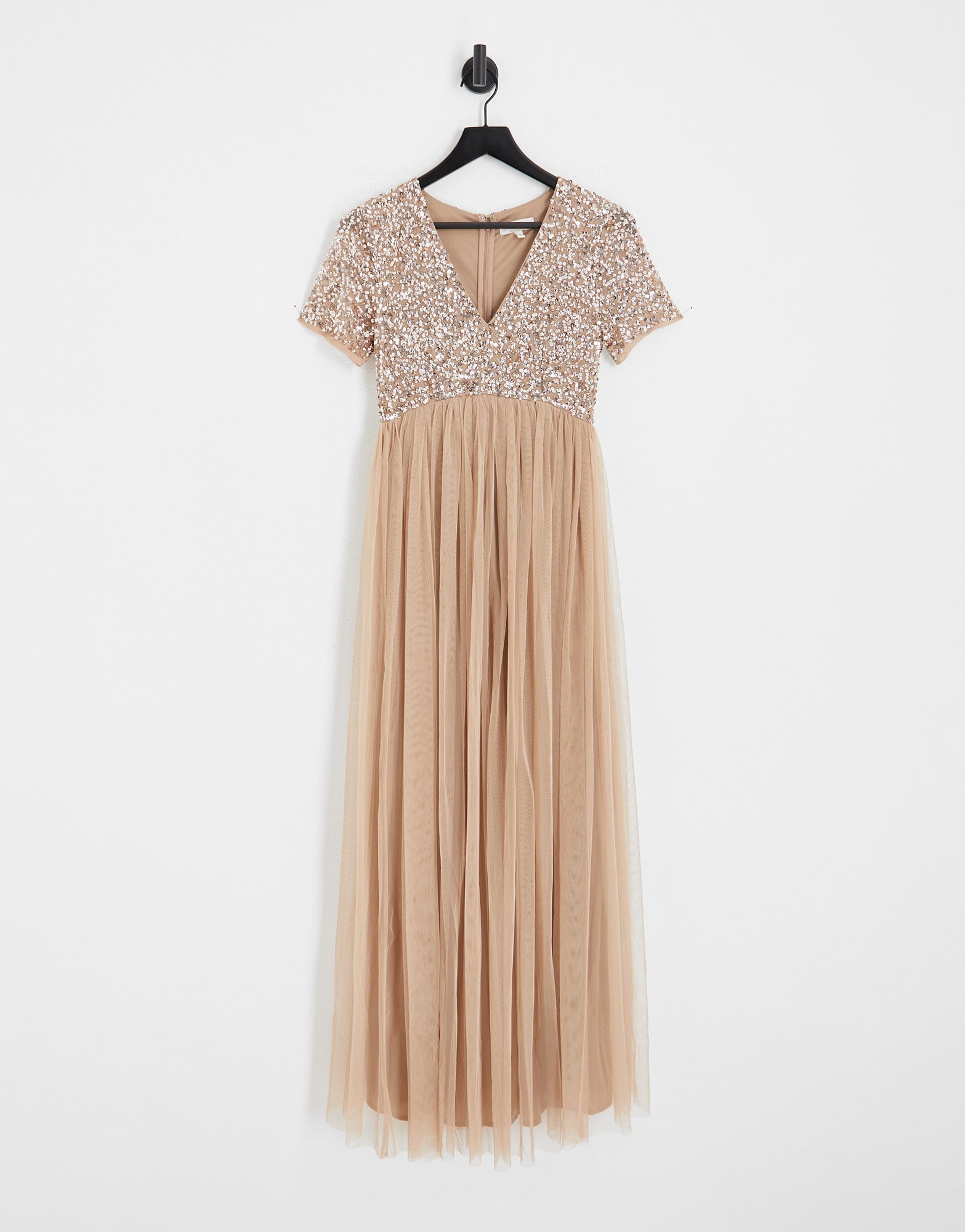 Maya Maternity Bridesmaid short sleeve maxi tulle dress with tonal delicate sequins in muted blush - ASOS Sample Sale