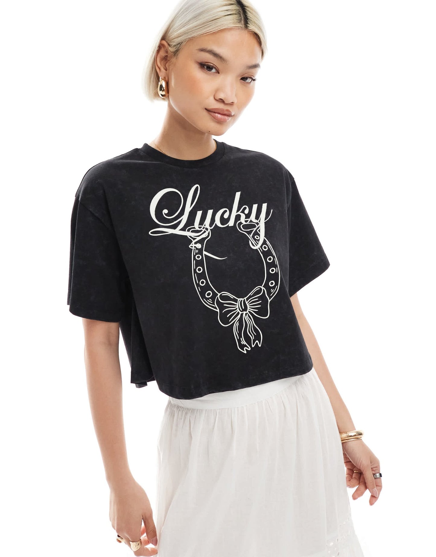 Miss Selfridge acid wash lucky horseshoe loose wide crop tee in black - ASOS Sample Sale
