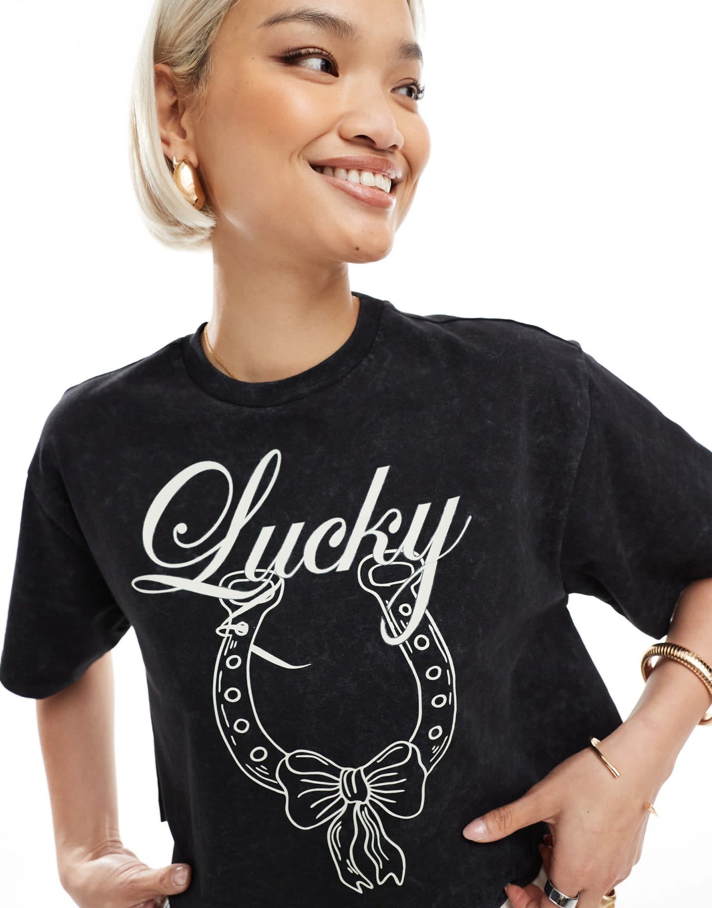 Miss Selfridge acid wash lucky horseshoe loose wide crop tee in black - ASOS Sample Sale