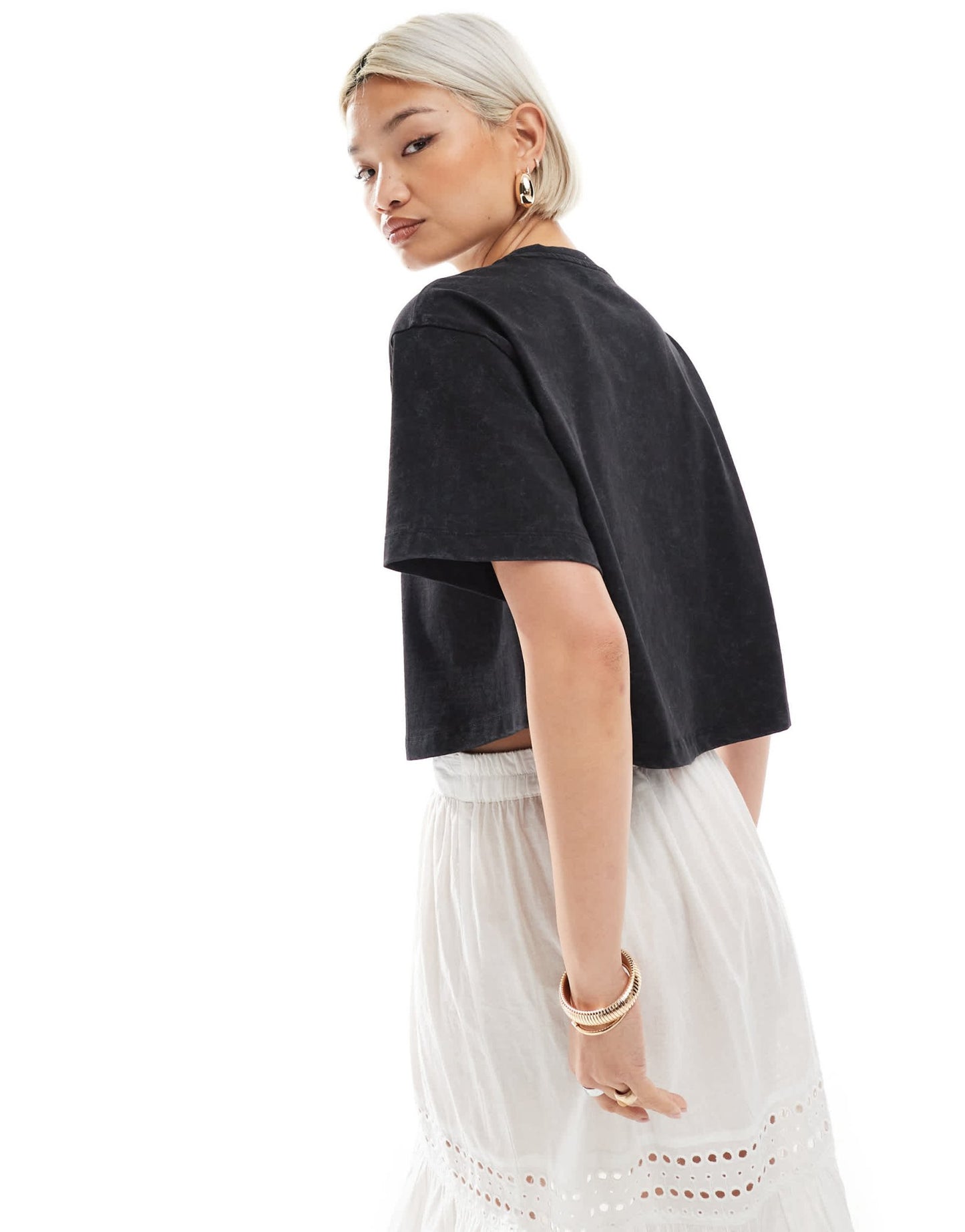Miss Selfridge acid wash lucky horseshoe loose wide crop tee in black - ASOS Sample Sale