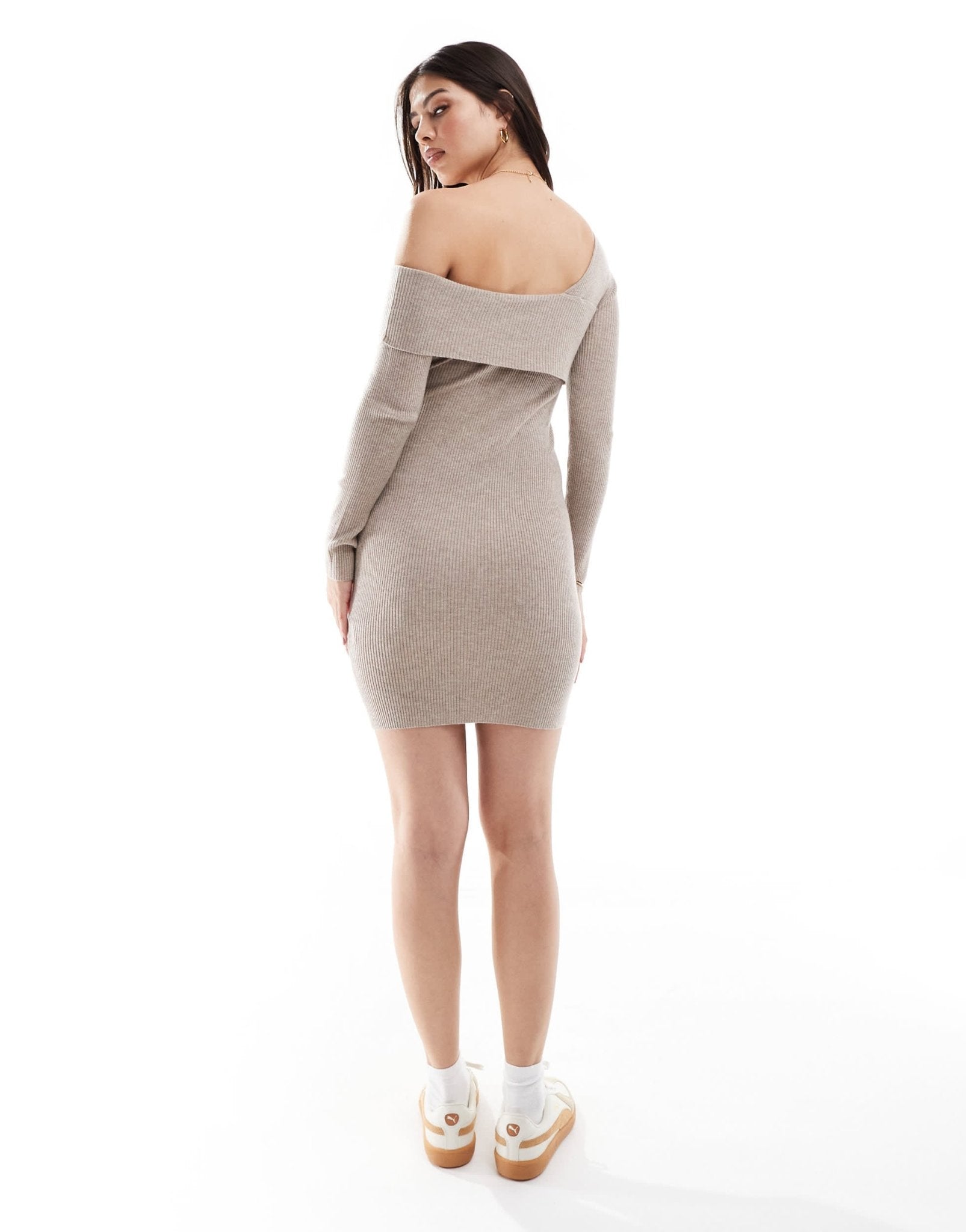 Miss Selfridge asym cosy rib knit mini dress in oatmeal - ASOS Sample Sale