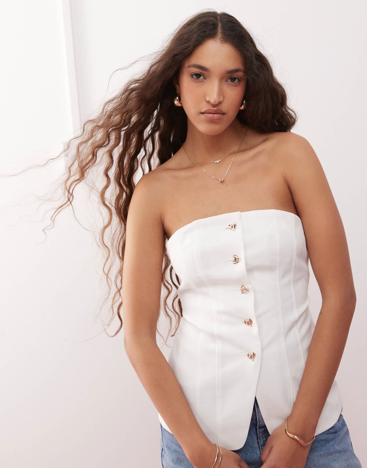 Miss Selfridge bandeau blazer top with heart buttons in white - ASOS Sample Sale