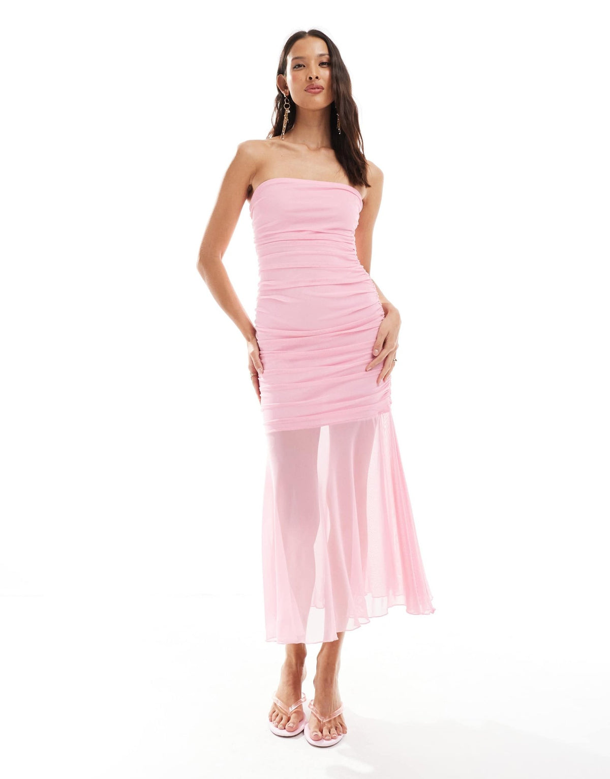 Miss Selfridge bandeau ruched drop waist summer midi dress in pink - ASOS Sample Sale