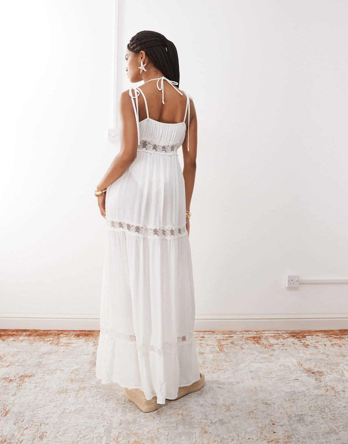 Miss Selfridge beach lace trim tie front maxi cover up in cream - ASOS Sample Sale