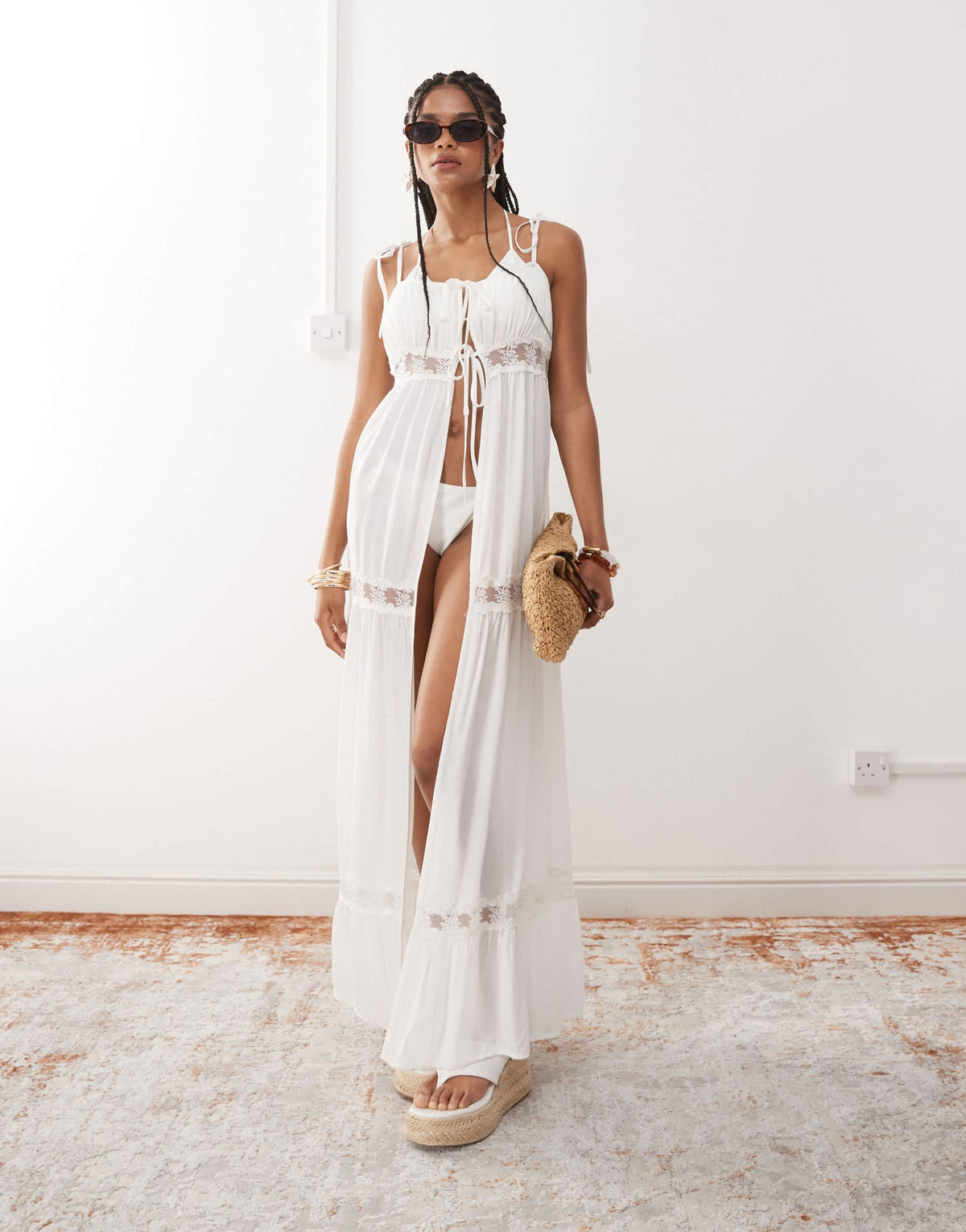 Miss Selfridge beach lace trim tie front maxi cover up in cream - ASOS Sample Sale