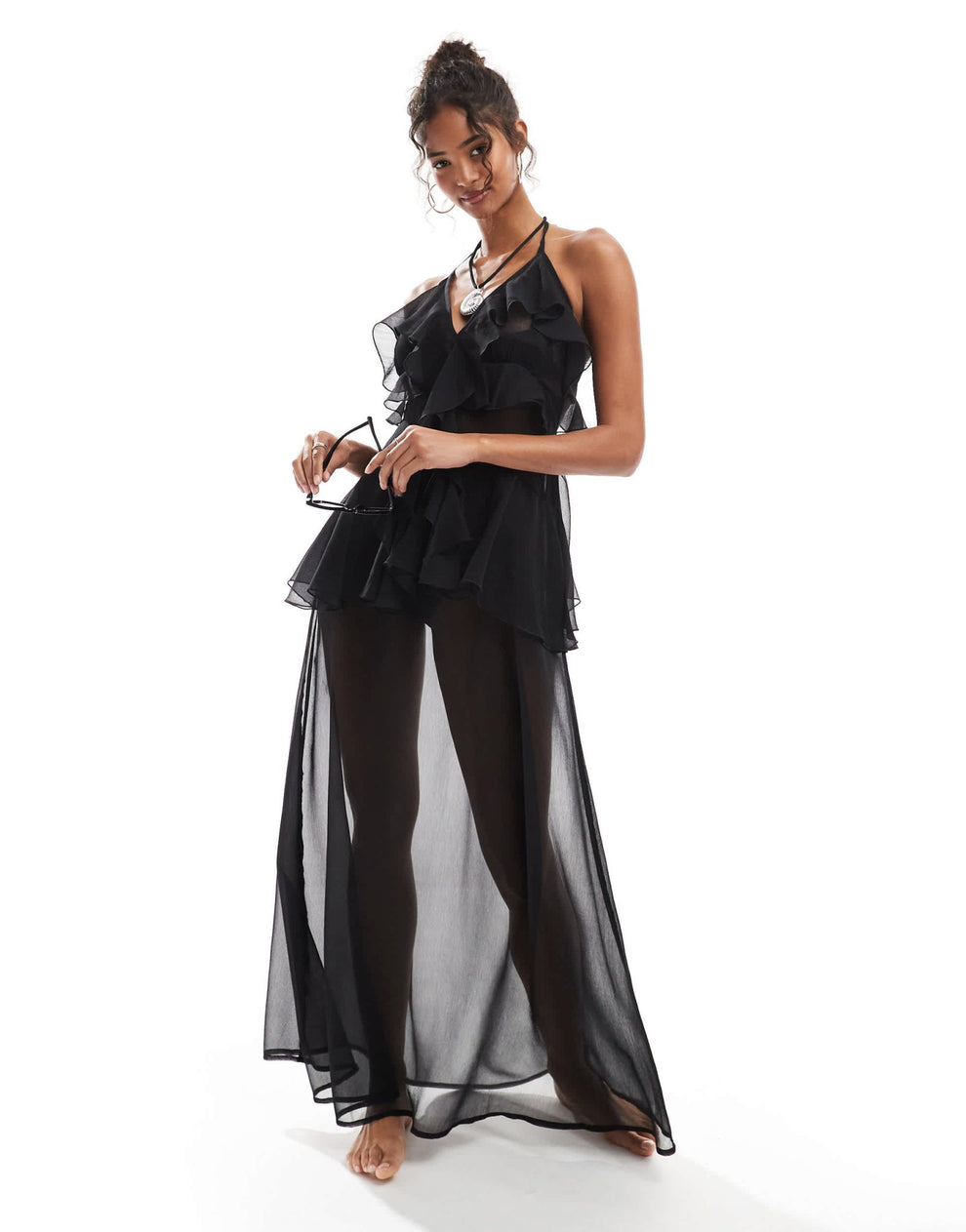 Miss Selfridge beach ruffle chiffon maxi dress in black – ASOS Sample Sale