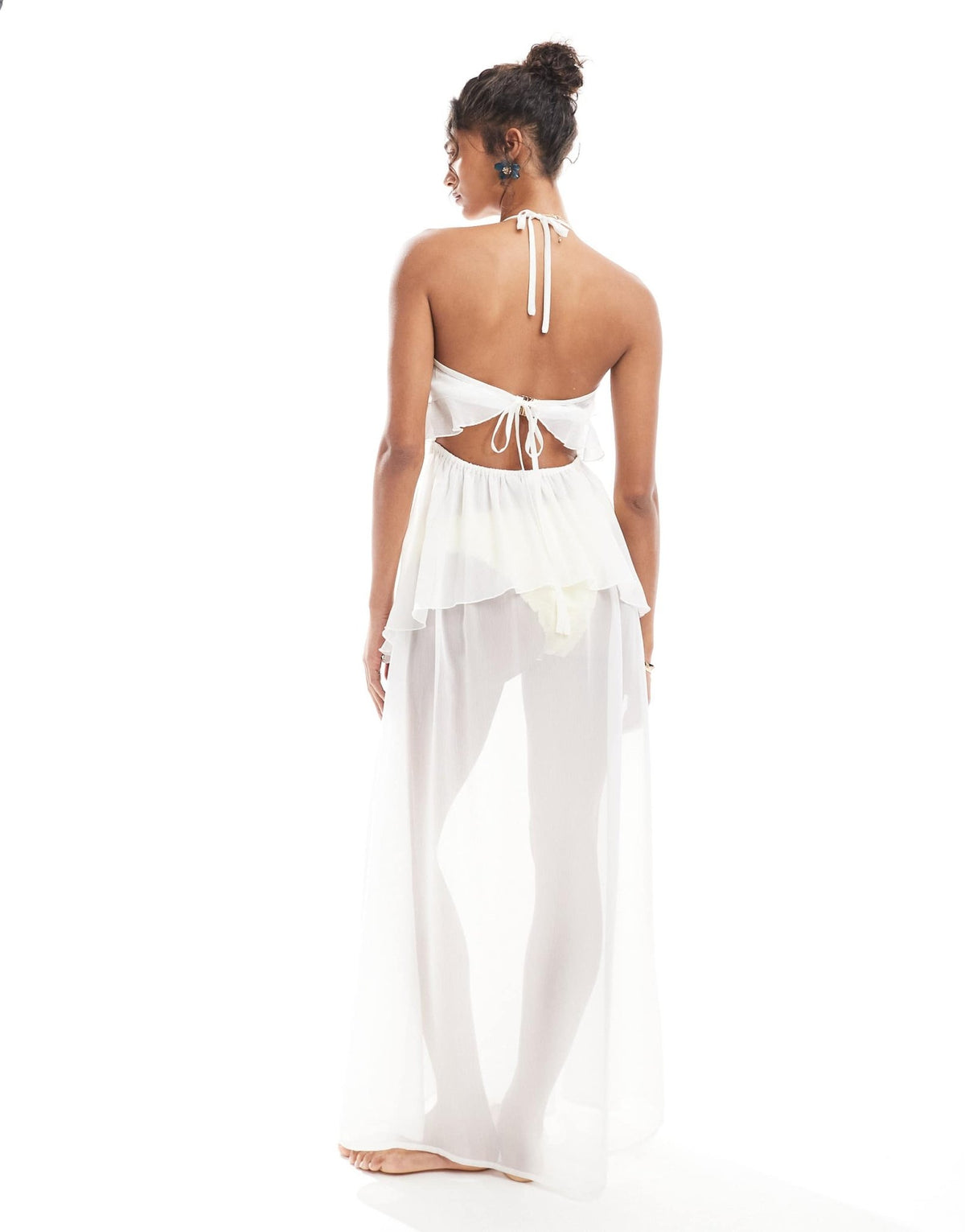 Miss Selfridge beach ruffle chiffon maxi dress in cream - ASOS Sample Sale