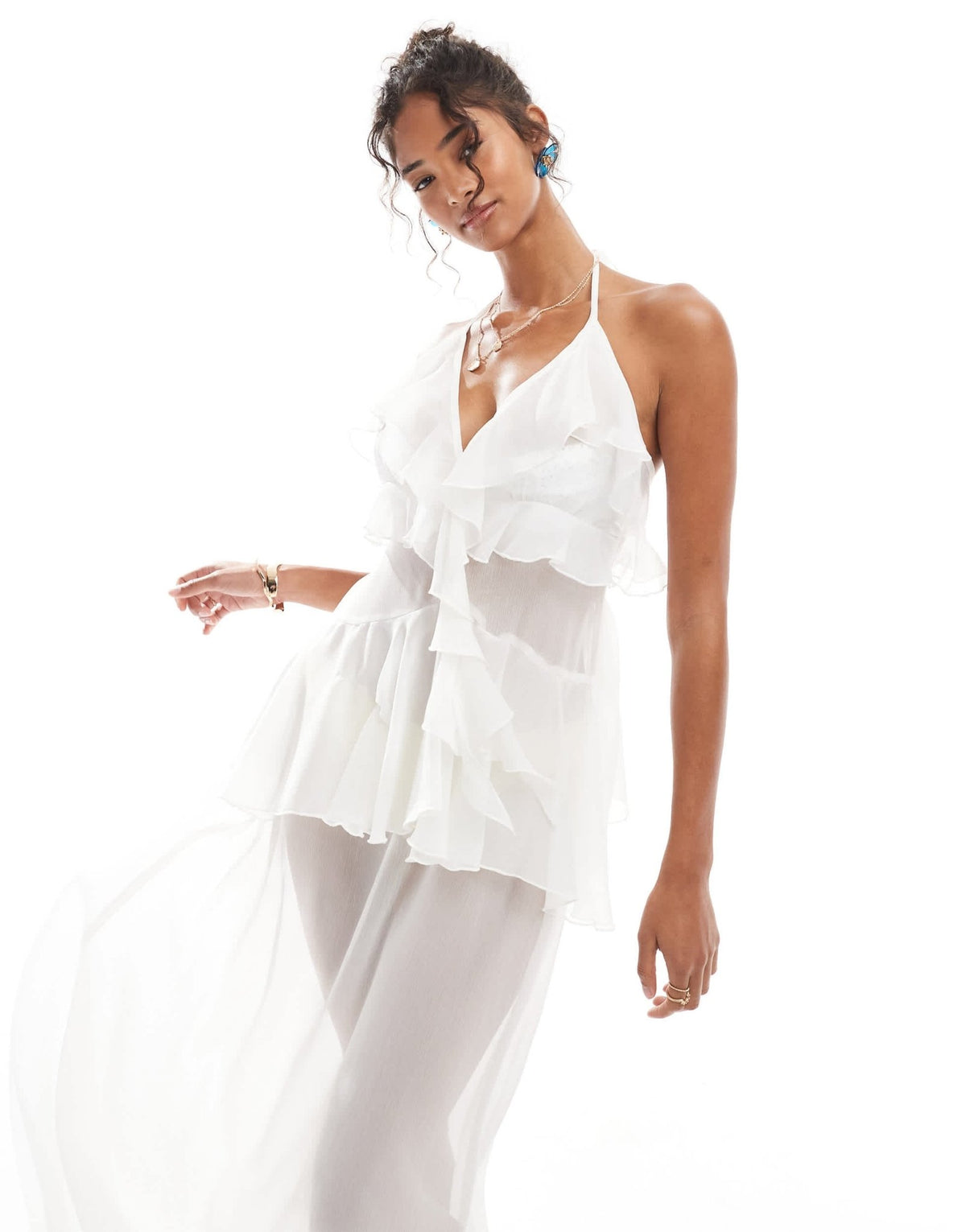 Miss Selfridge beach ruffle chiffon maxi dress in cream - ASOS Sample Sale