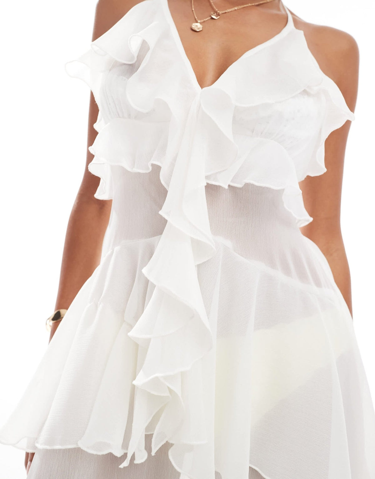Miss Selfridge beach ruffle chiffon maxi dress in cream - ASOS Sample Sale