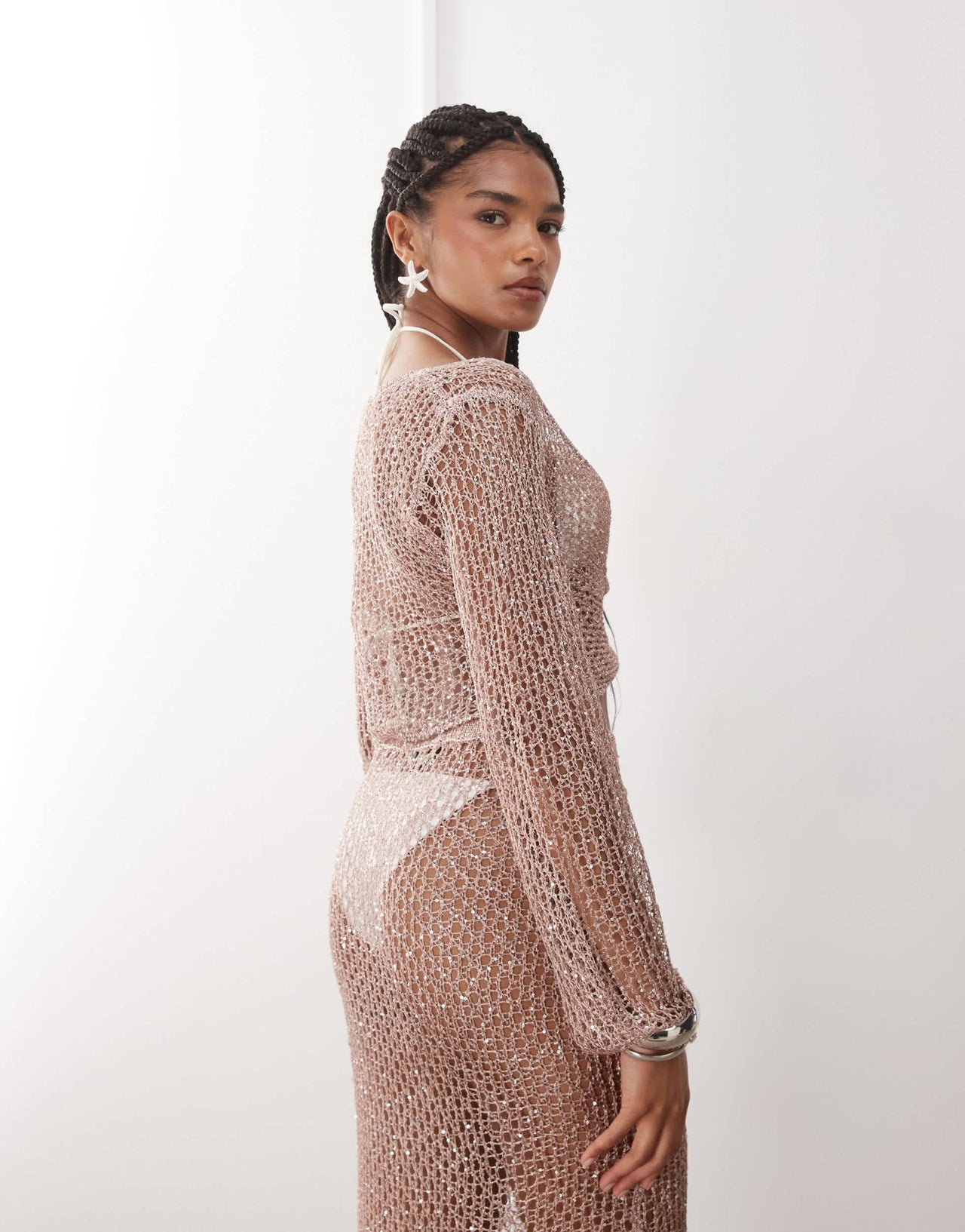 Miss Selfridge beach sequin crochet twist detail long sleeve top in dusty pink - ASOS Sample Sale