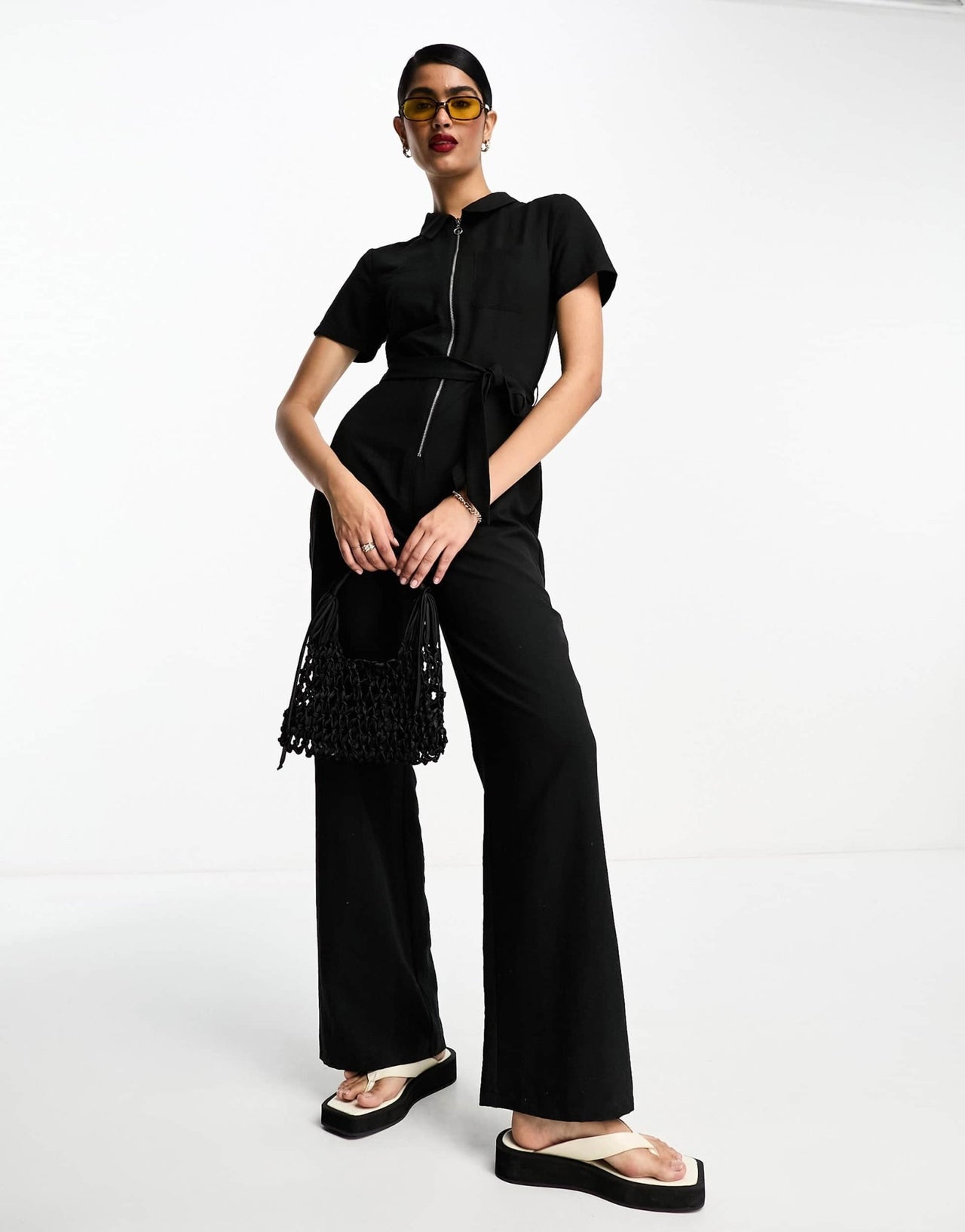 Miss Selfridge belted soft utility jumpsuit in black - ASOS Sample Sale