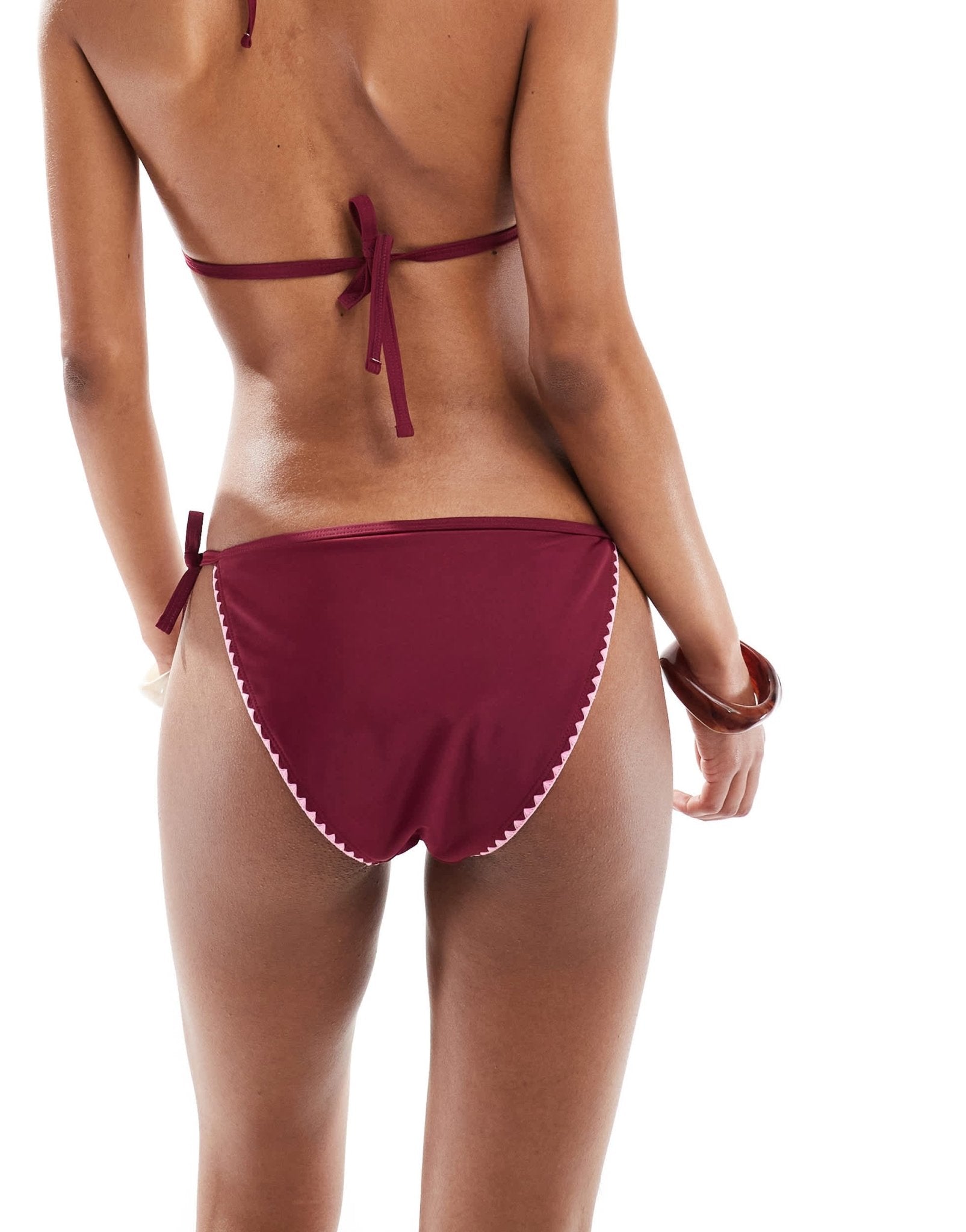 Miss Selfridge blanket stitch detail bottoms in burgundy with pink stitch - ASOS Sample Sale