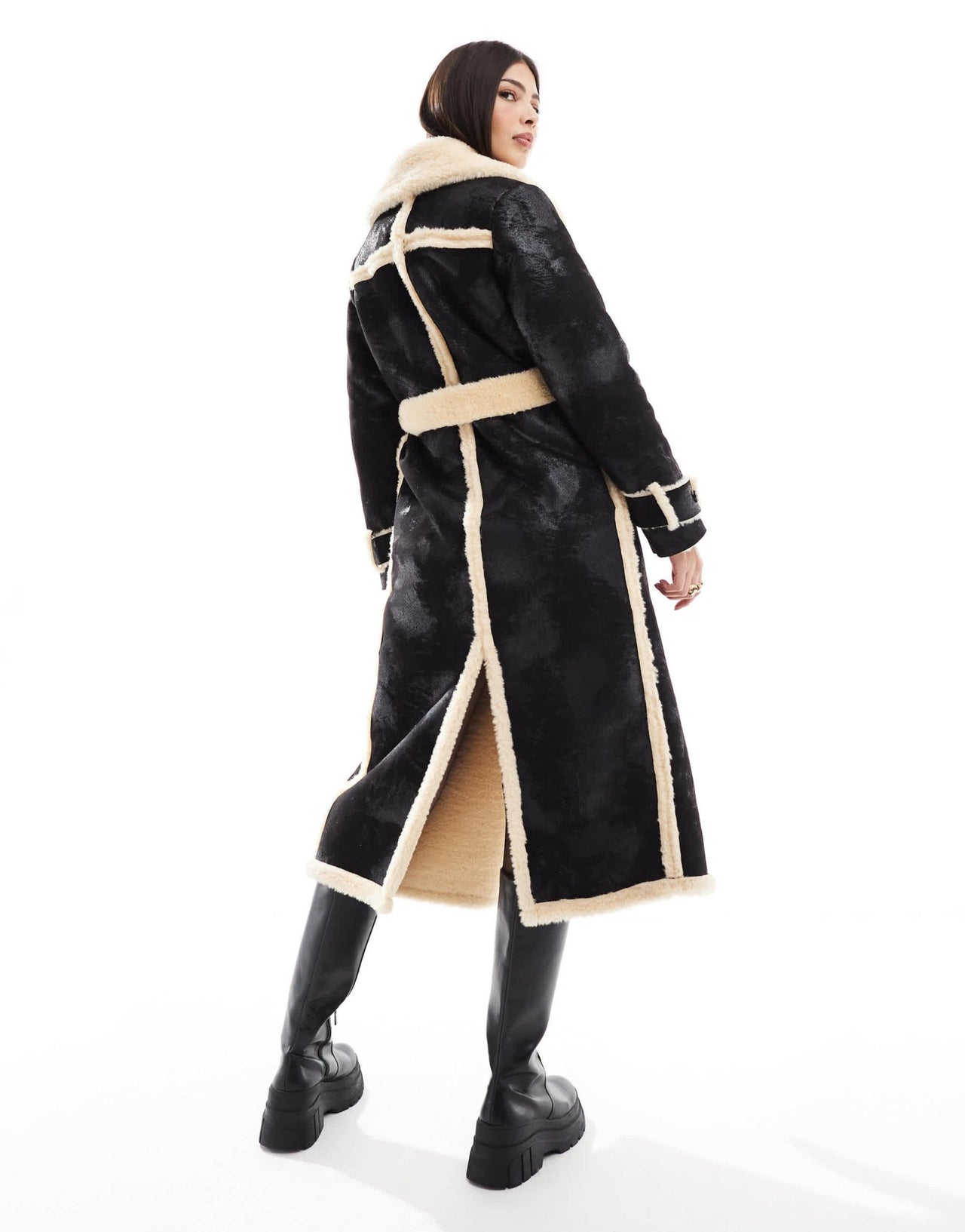 Miss Selfridge borg contrast belted maxi wrap coat in black - ASOS Sample Sale
