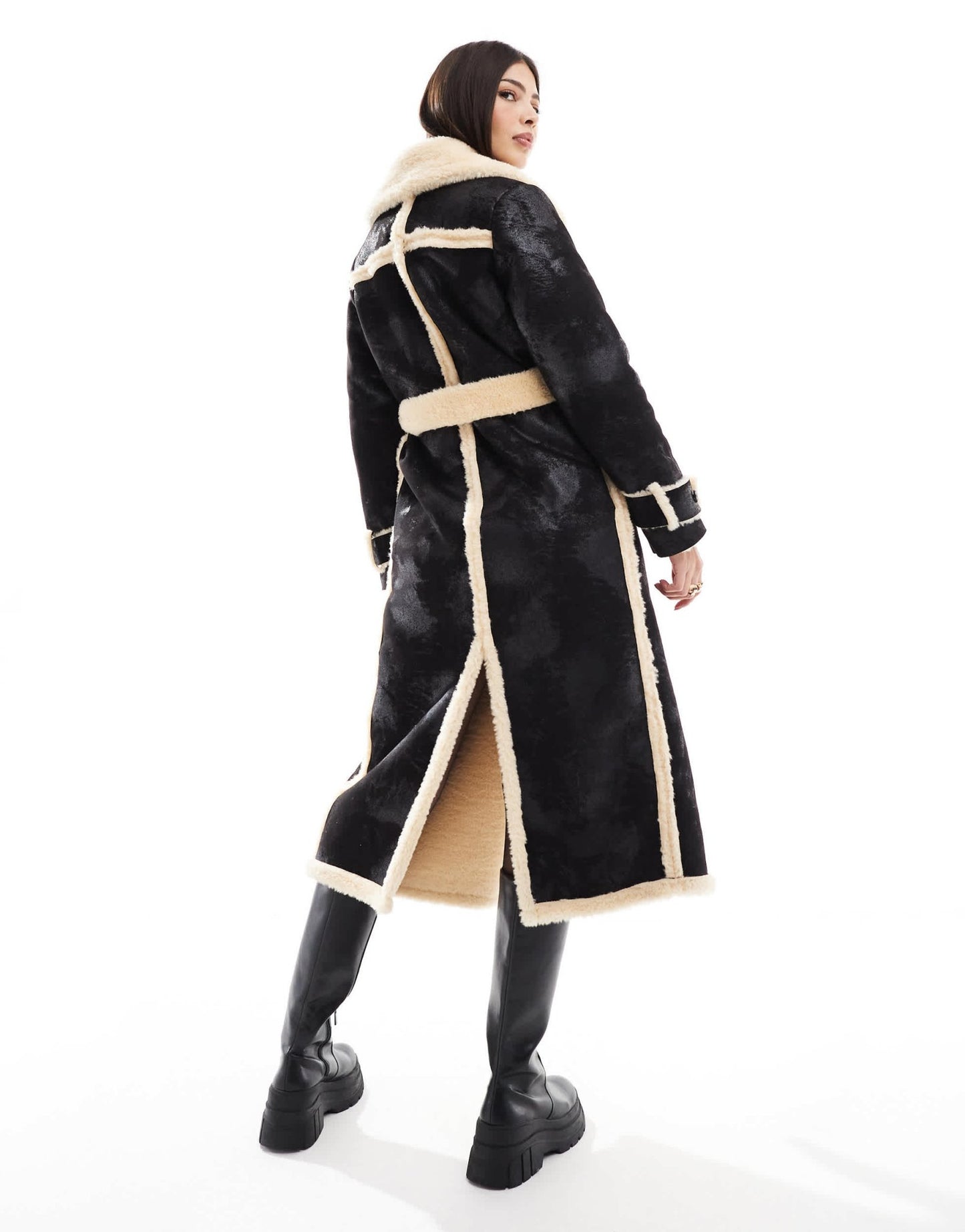 Miss Selfridge borg contrast belted maxi wrap coat in black - ASOS Sample Sale