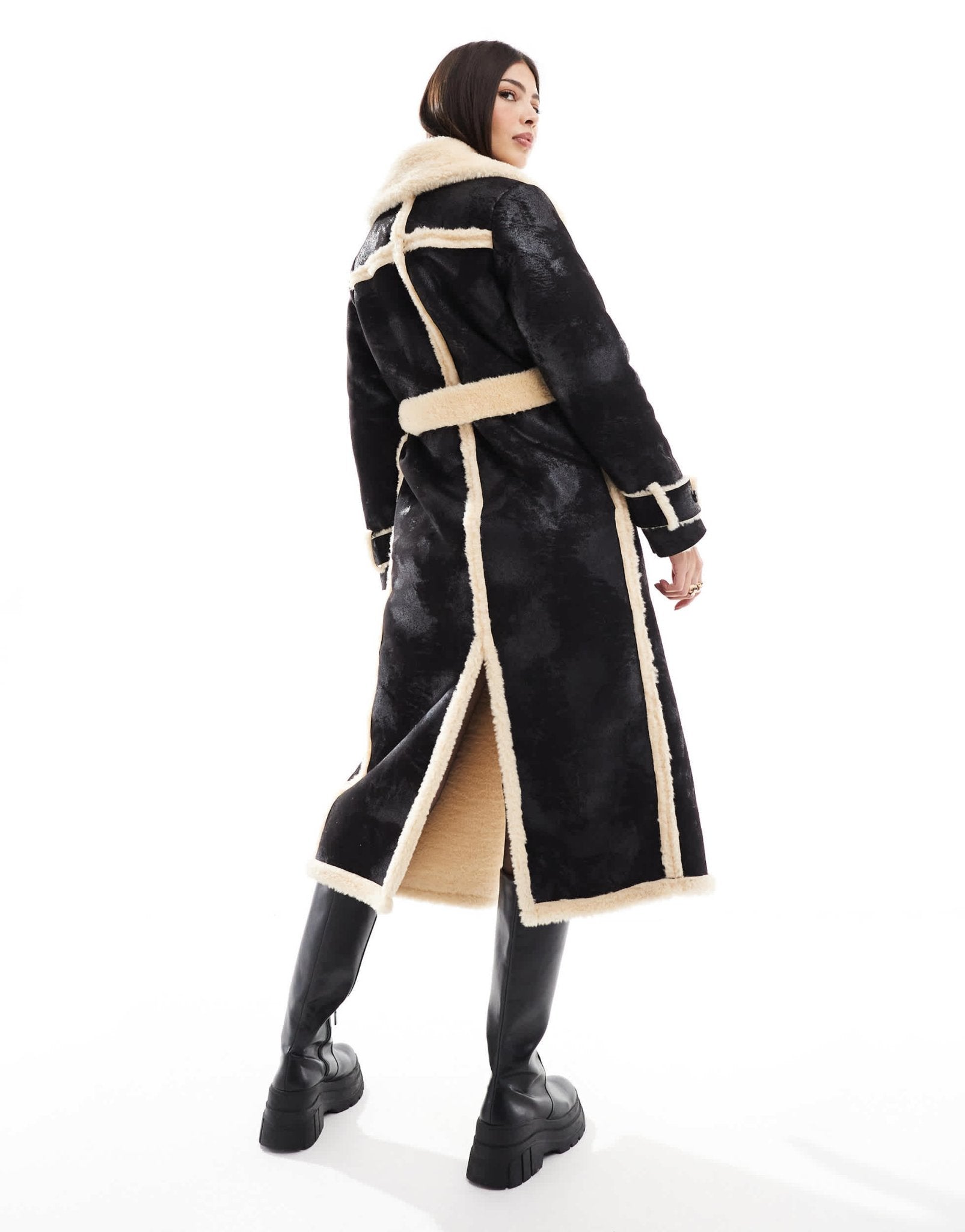 Miss Selfridge borg contrast belted maxi wrap coat in black - ASOS Sample Sale