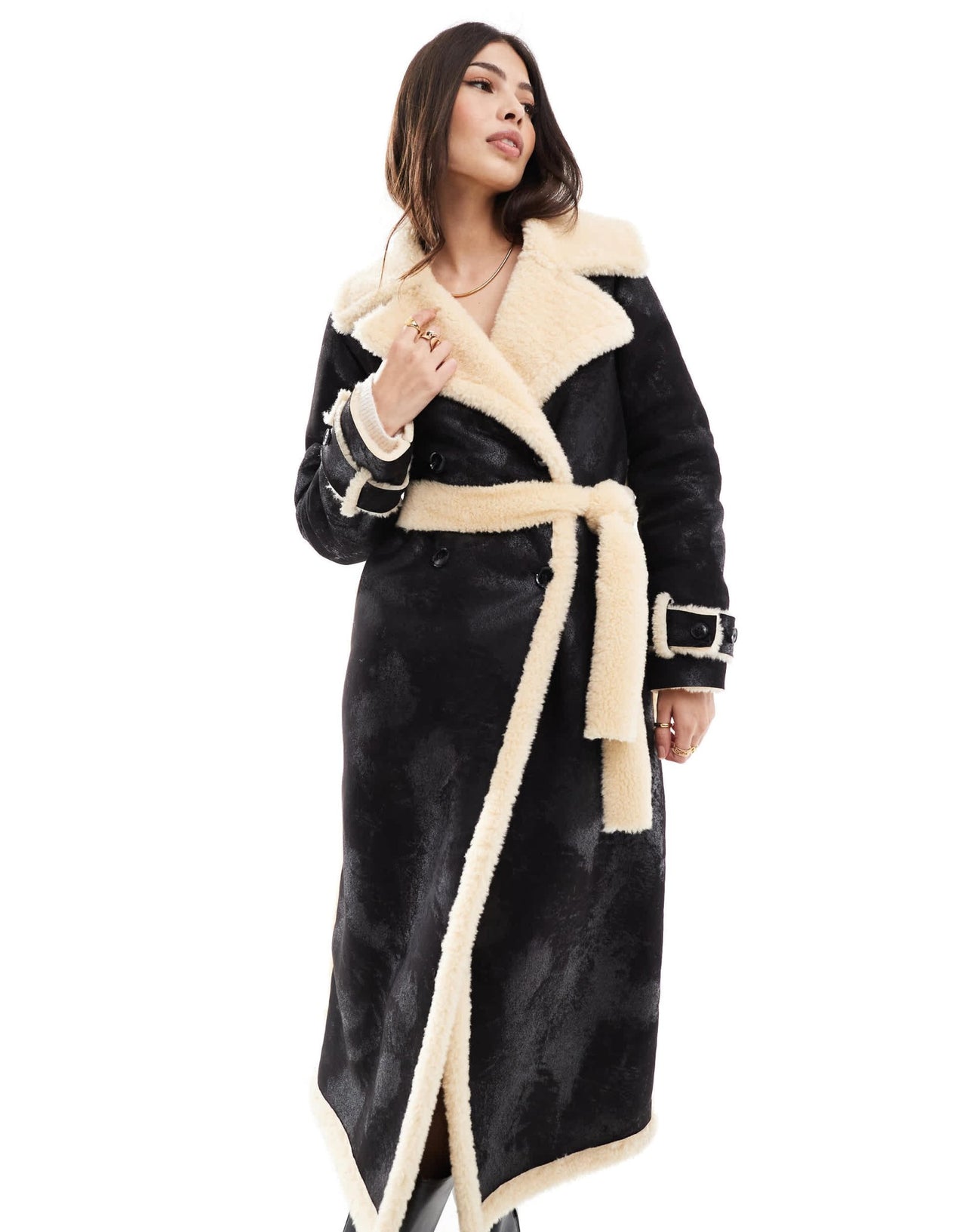Miss Selfridge borg contrast belted maxi wrap coat in black - ASOS Sample Sale