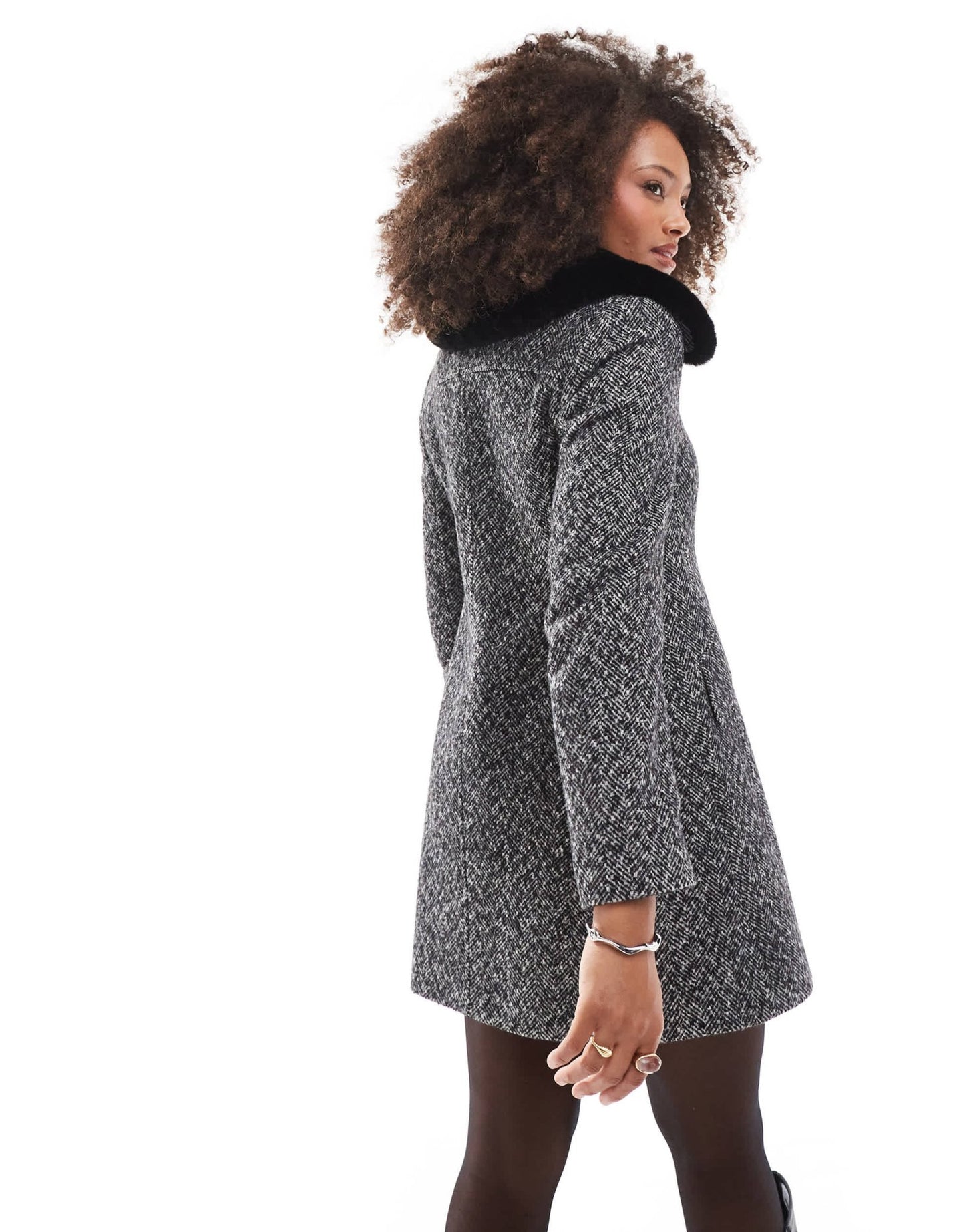 Miss Selfridge boucle faux fur trim dolly coat in mono - ASOS Sample Sale