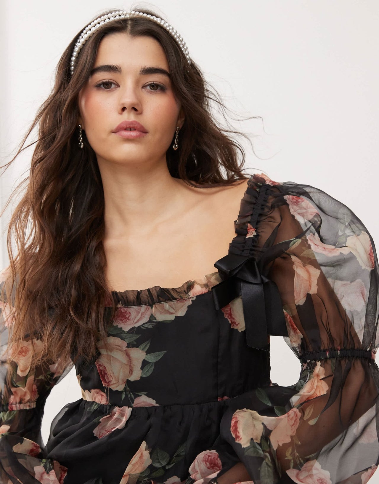 Miss Selfridge bow detail mini dress in rose print - ASOS Sample Sale