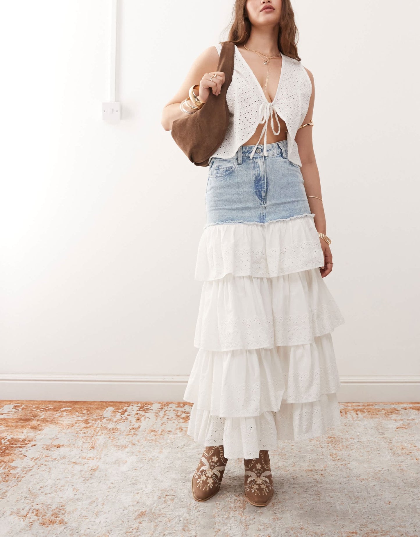 Miss Selfridge broderie contrast denim maxi skirt in mid blue wash - ASOS Sample Sale