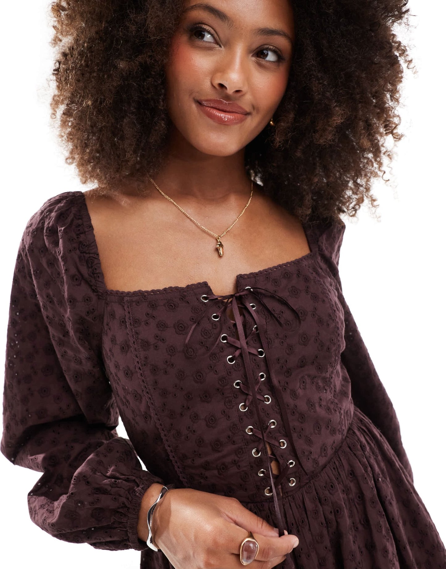 Miss Selfridge broderie corset mini dress in choc - ASOS Sample Sale