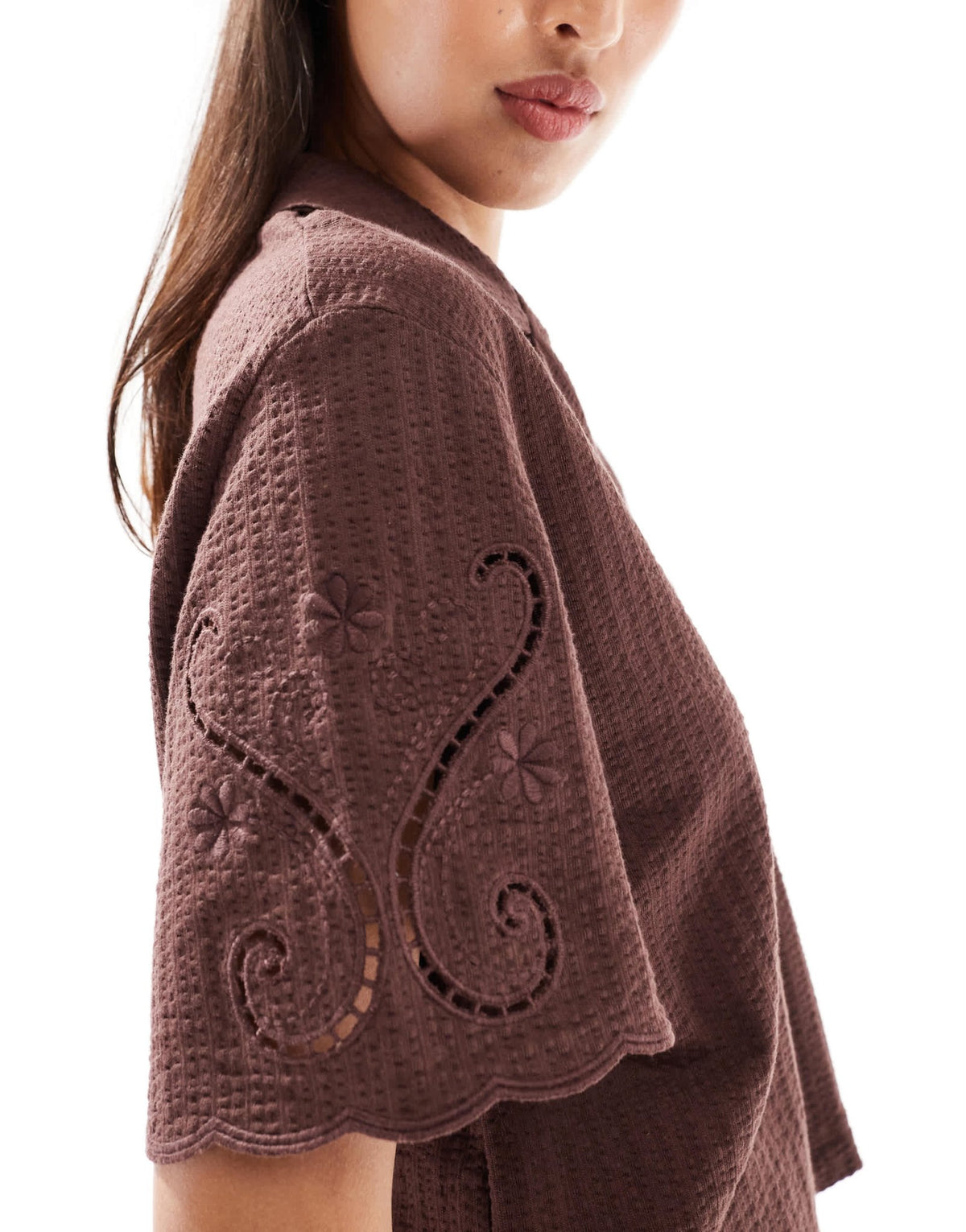 Miss Selfridge broderie detail crop top co-ord in chocolate with contrast stitching - ASOS Sample Sale