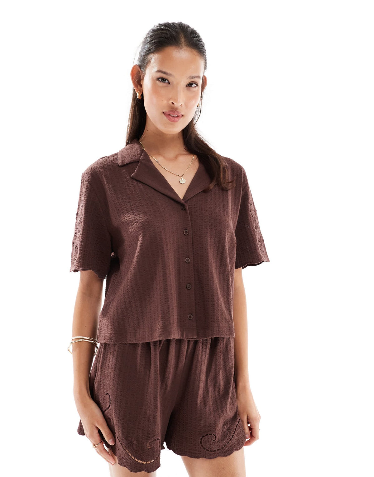 Miss Selfridge broderie detail crop top co-ord in chocolate with contrast stitching - ASOS Sample Sale
