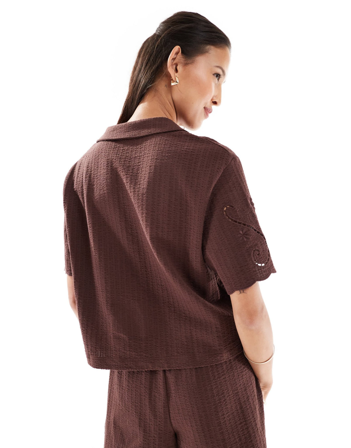 Miss Selfridge broderie detail crop top co-ord in chocolate with contrast stitching - ASOS Sample Sale