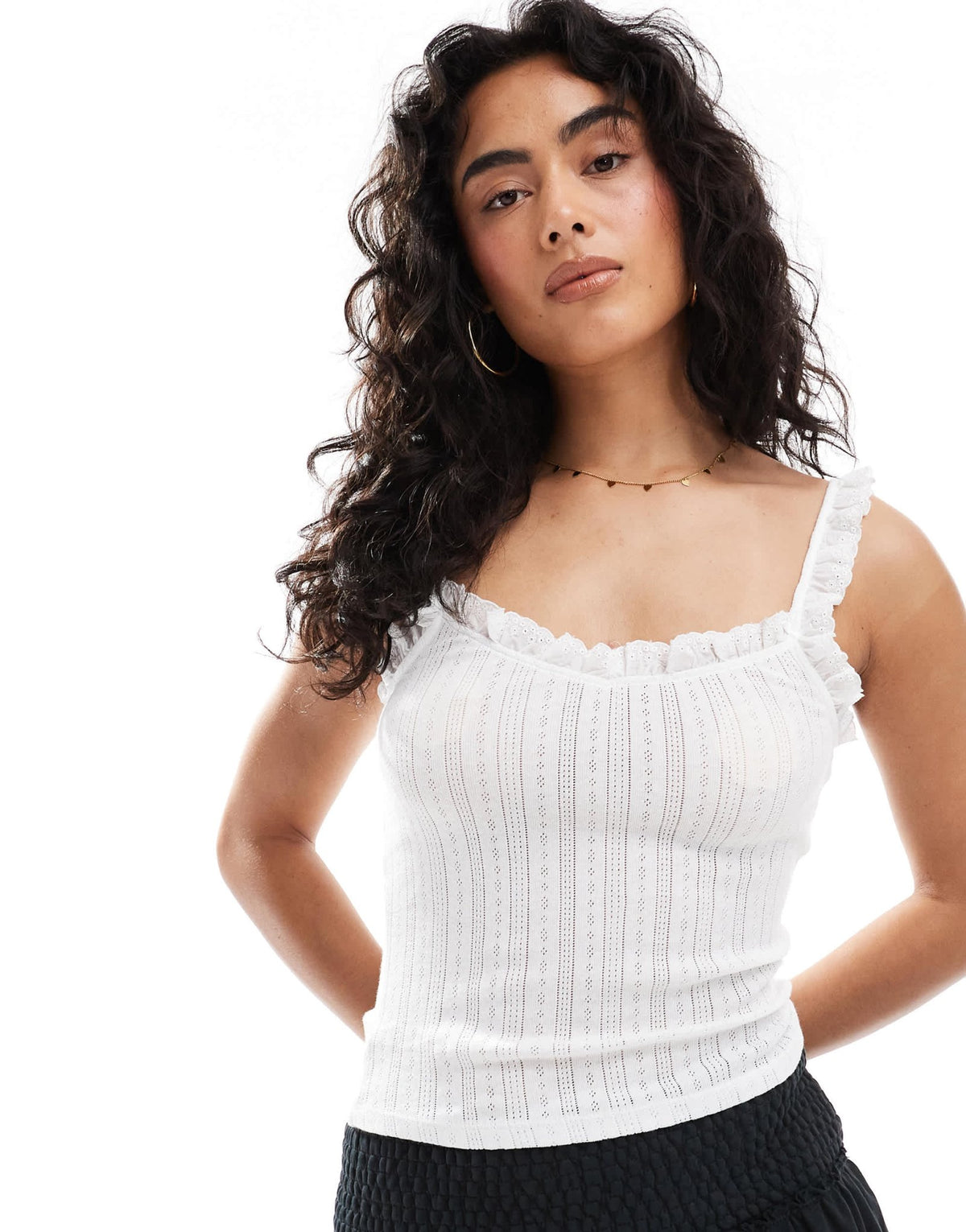 Miss Selfridge broderie trim pointelle cami top in cream - ASOS Sample Sale