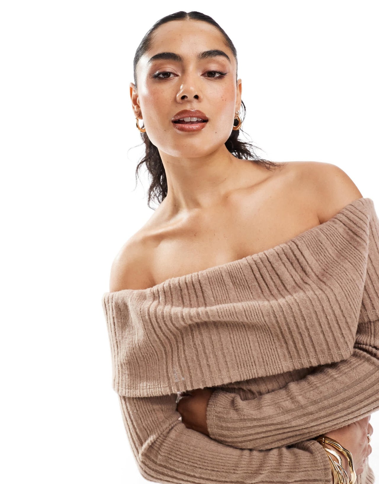 Miss Selfridge brushed rib bardot long sleeve mini dress in light brown - ASOS Sample Sale