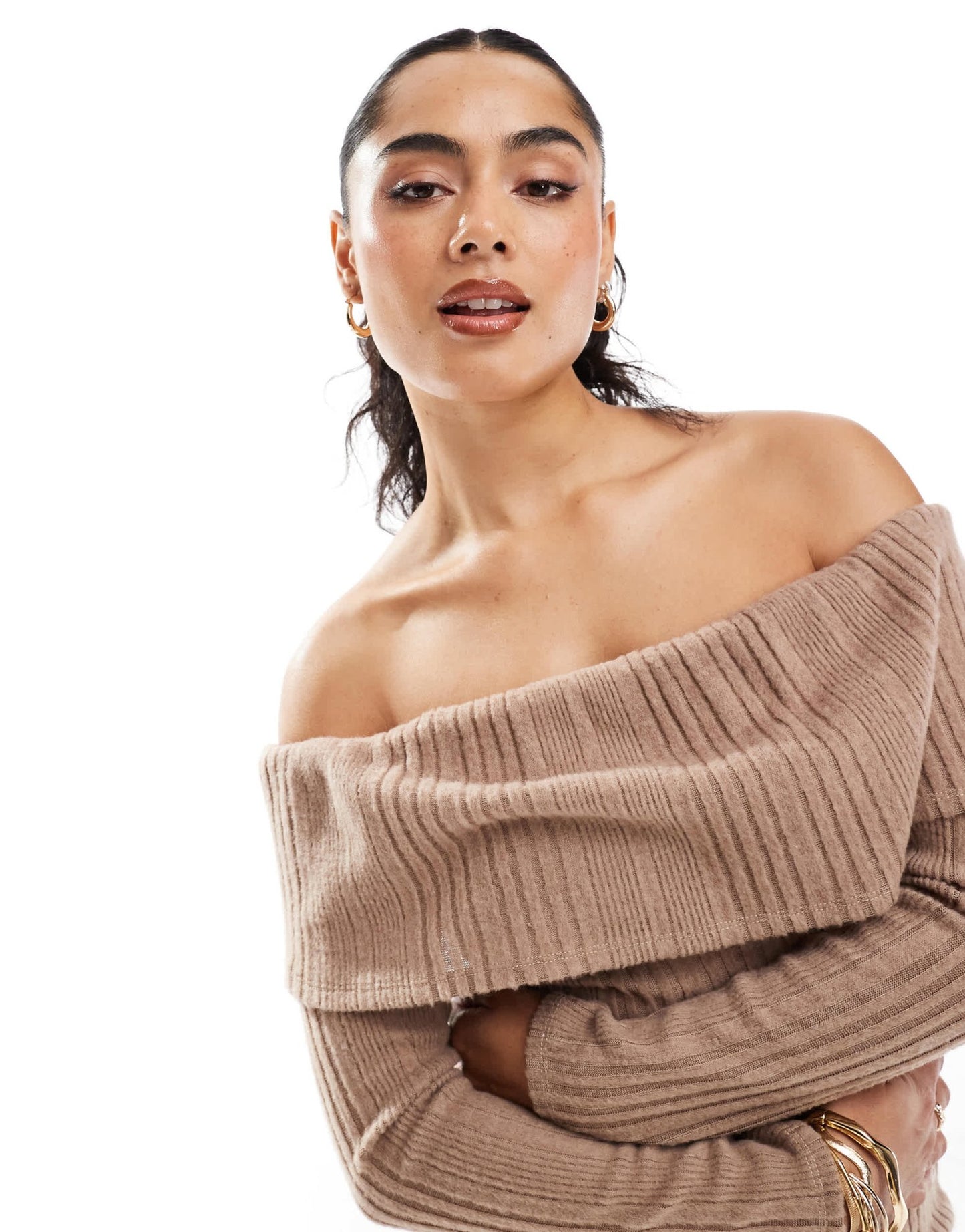 Miss Selfridge brushed rib bardot long sleeve mini dress in light brown - ASOS Sample Sale