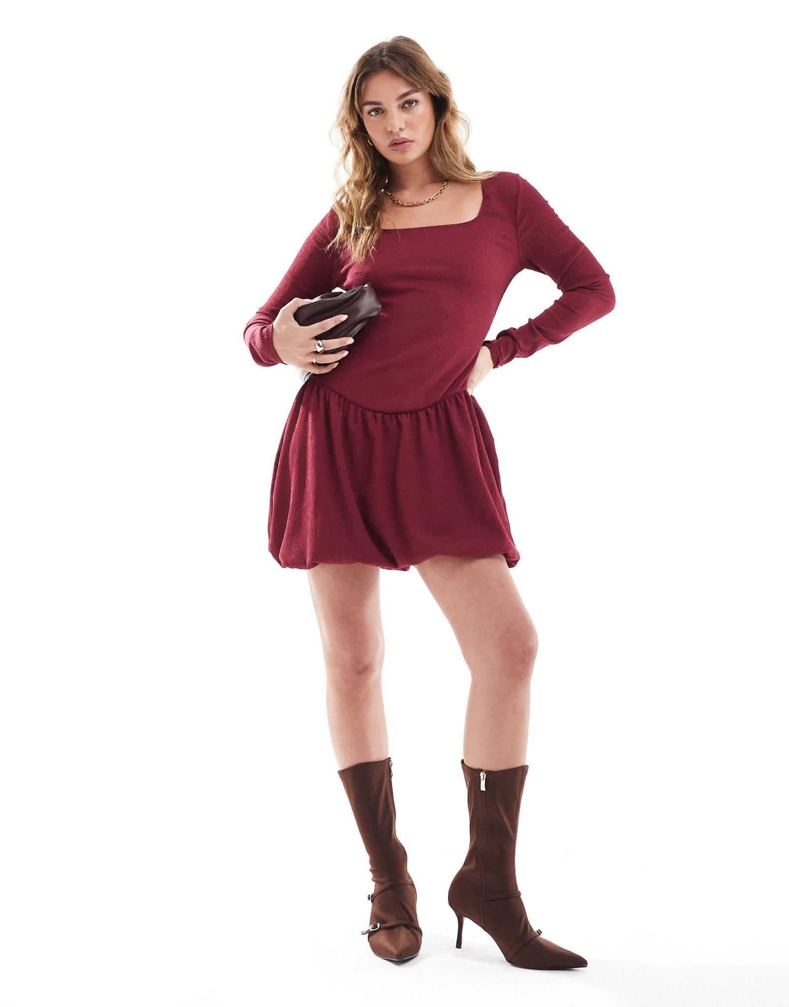 Miss Selfridge bubble hem mini dress in burgundy - ASOS Sample Sale