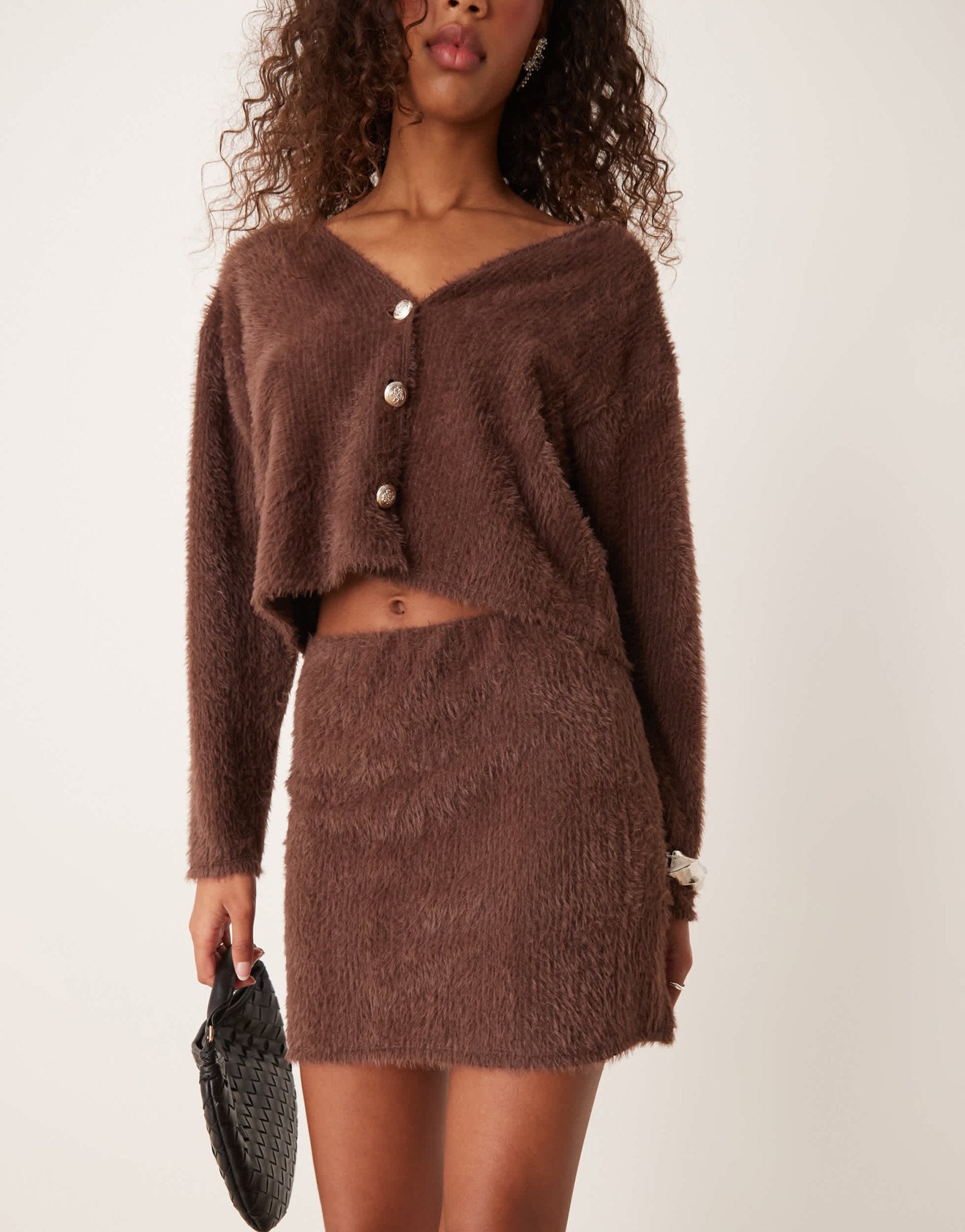 Miss Selfridge button detail brushed knit mini skirt co ord in chocolate - ASOS Sample Sale