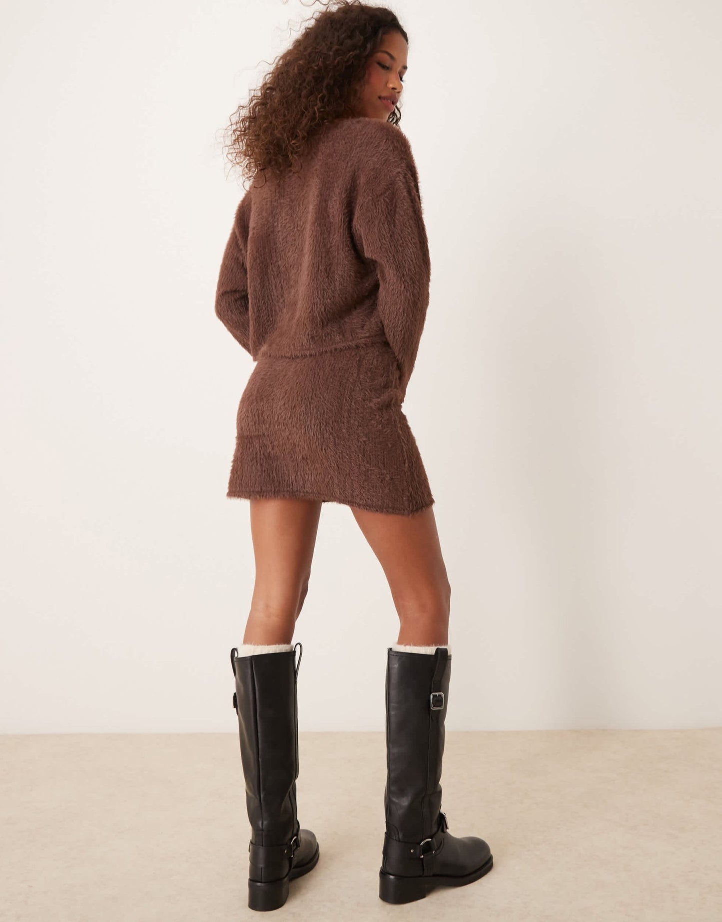 Miss Selfridge button detail brushed knit mini skirt co ord in chocolate - ASOS Sample Sale